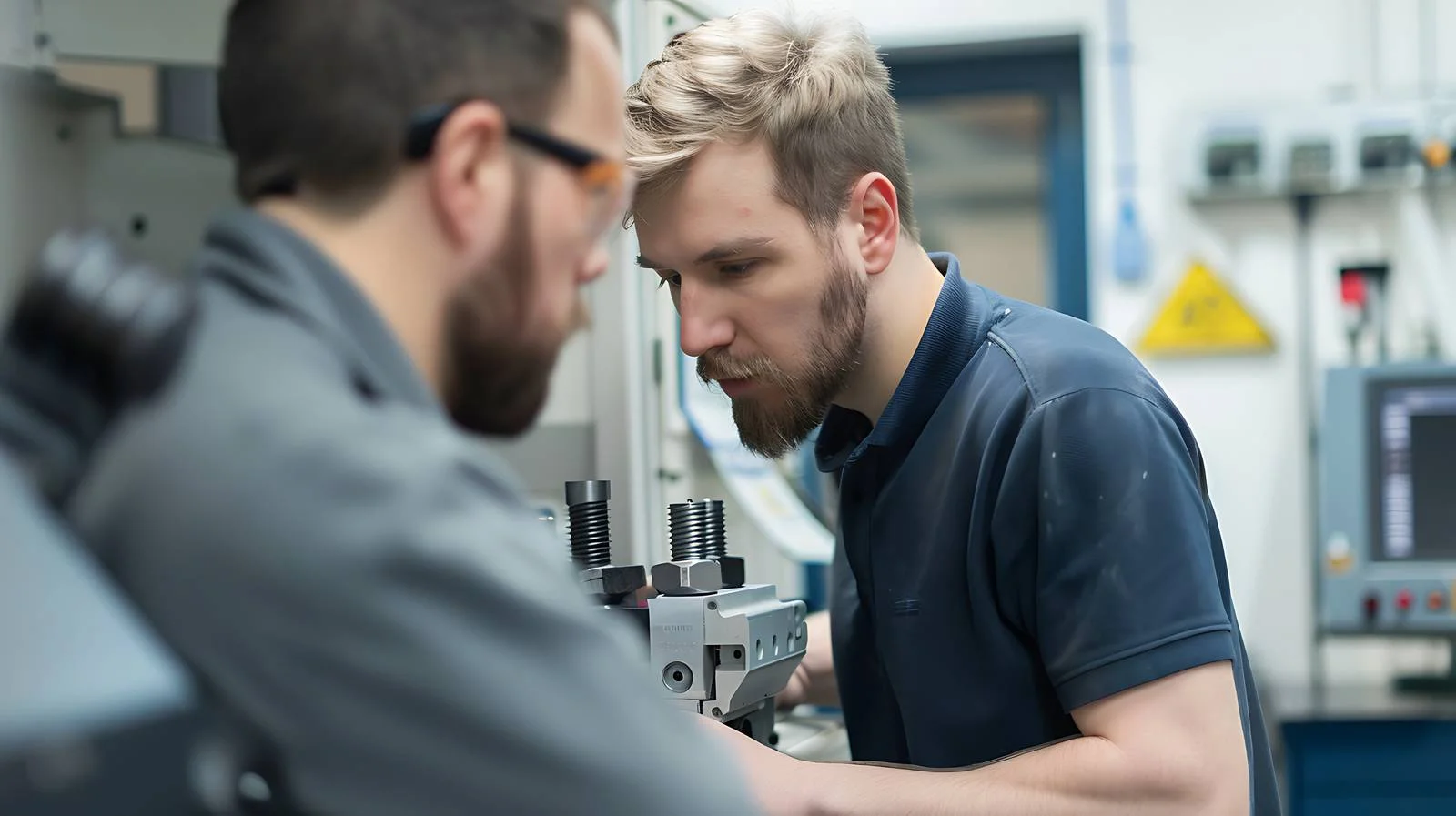 Men Examining Workpiece in Factory — free download from Dotvec