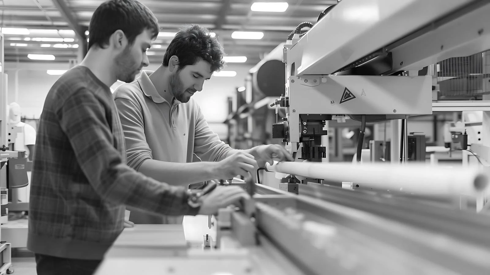 Men inspecting machine on factory shop floor — free download from Dotvec