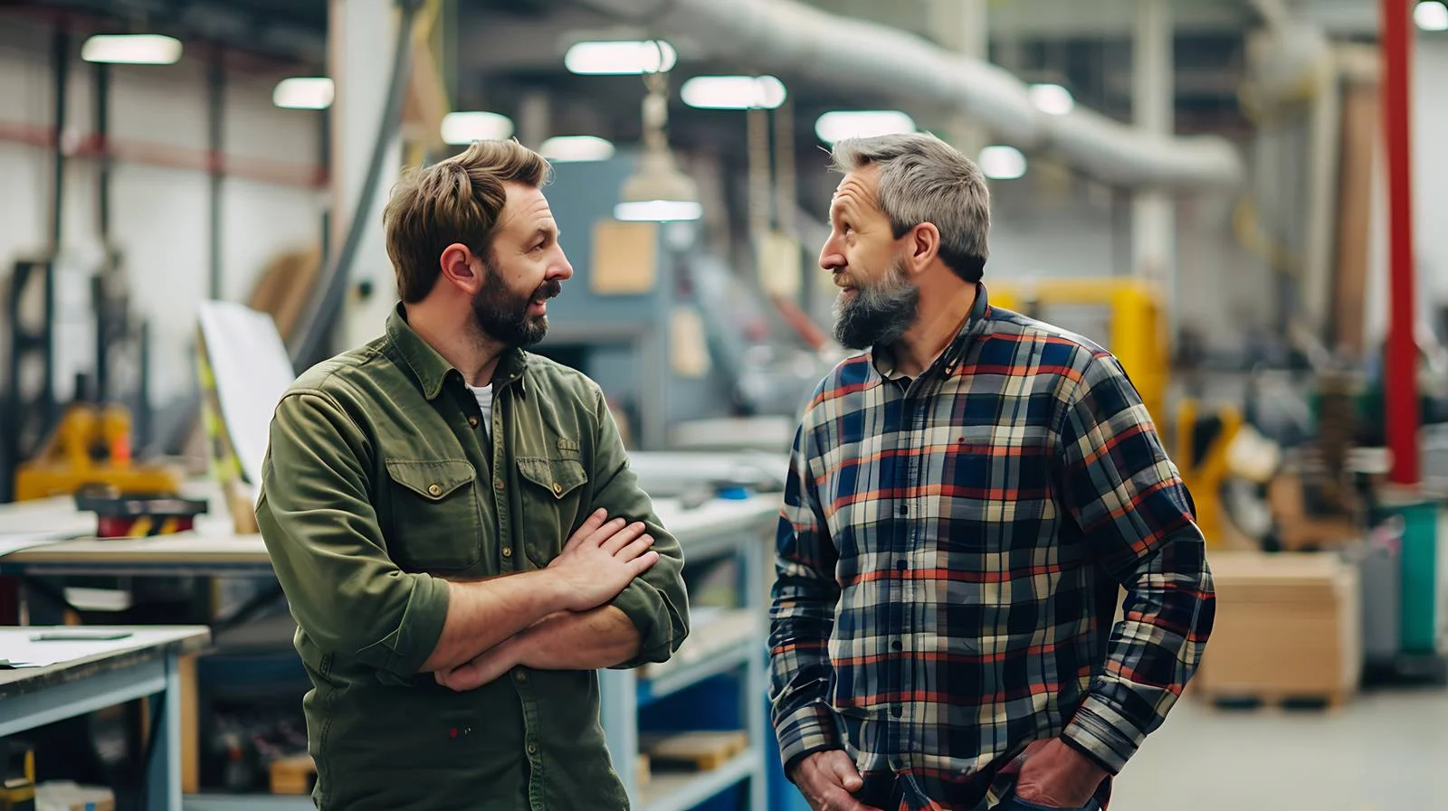 Discussion between two workers in factory setting — free download from Dotvec