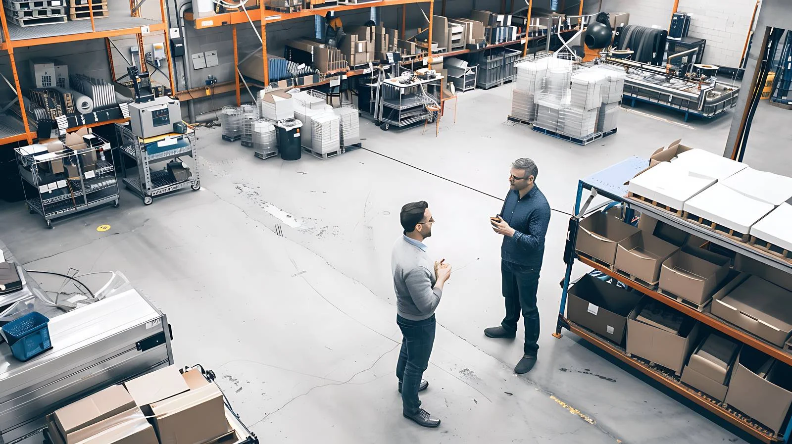 Discussion between two workers in factory setting — free download from Dotvec