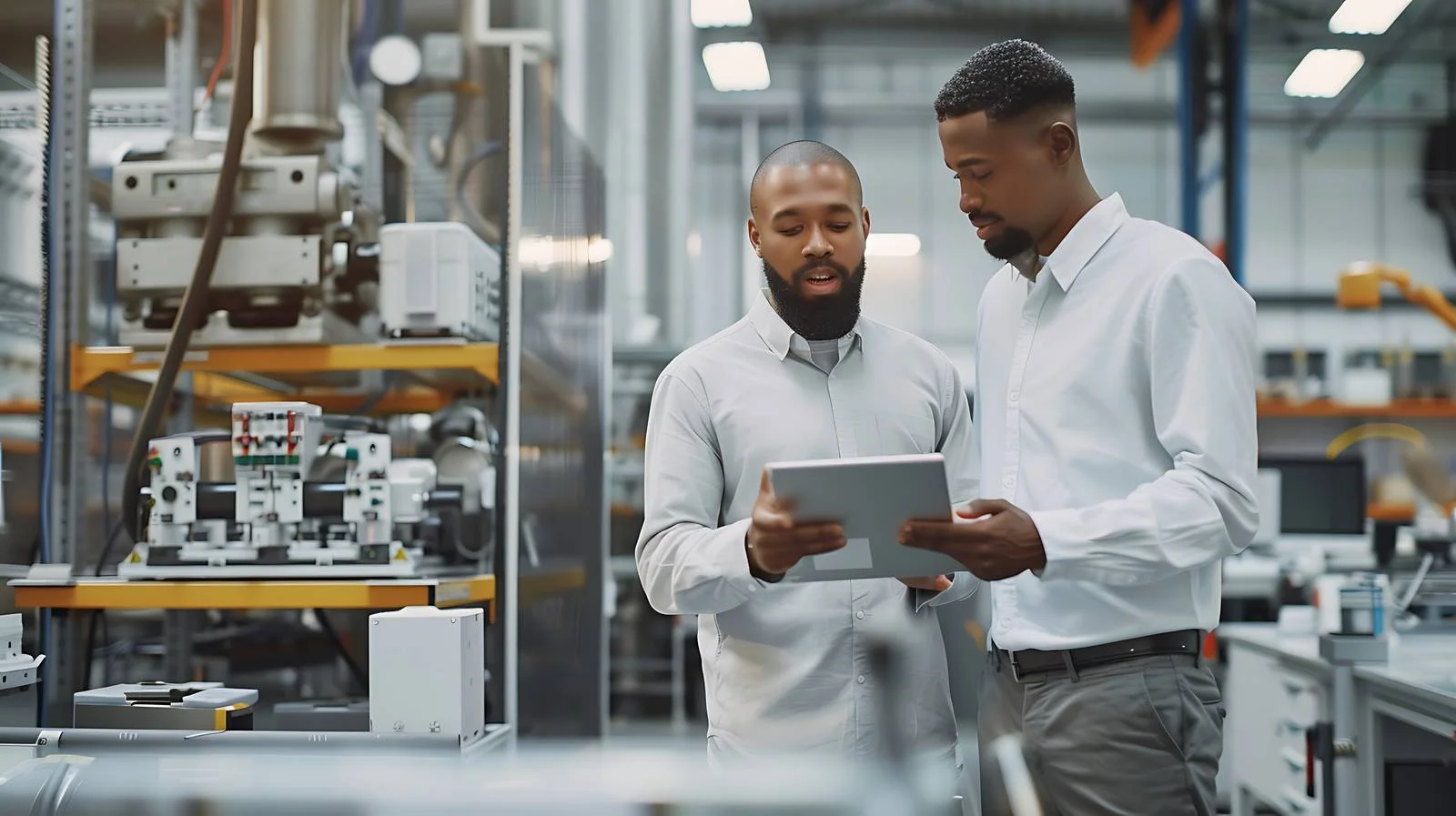 Discussion in Factory: Two Professionals with Tablet — free download from Dotvec