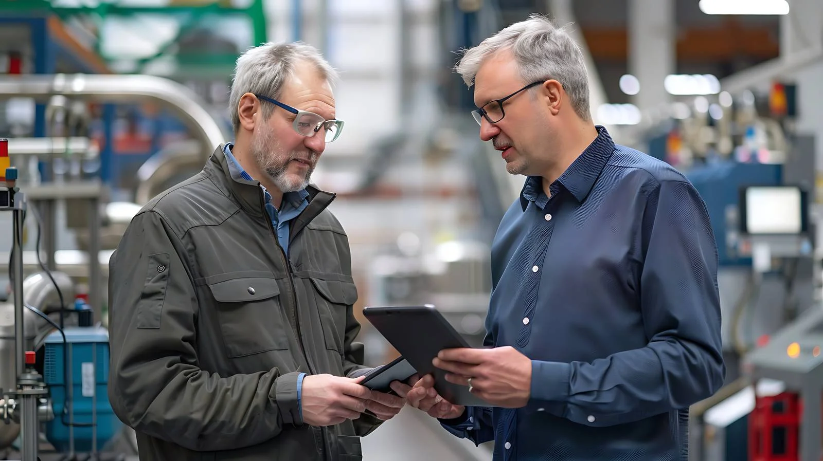 Discussion in Factory: Two Workers Collaborating — free download from Dotvec