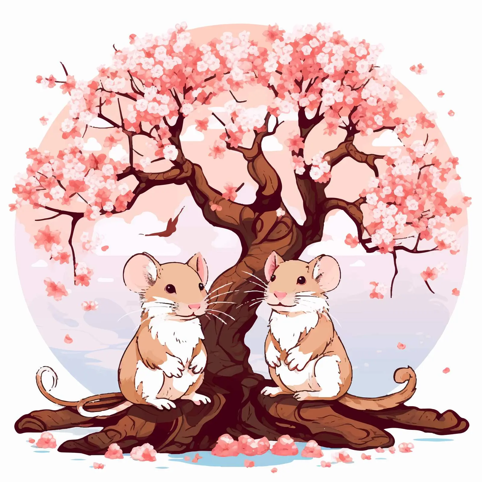 Two Mice Under a Blooming Tree Vector Art — free download from Dotvec