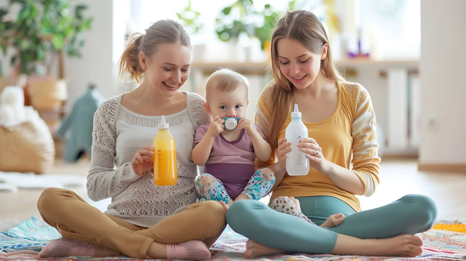 Mothers bottle-feeding infants during exercise routine — free download from Dotvec
