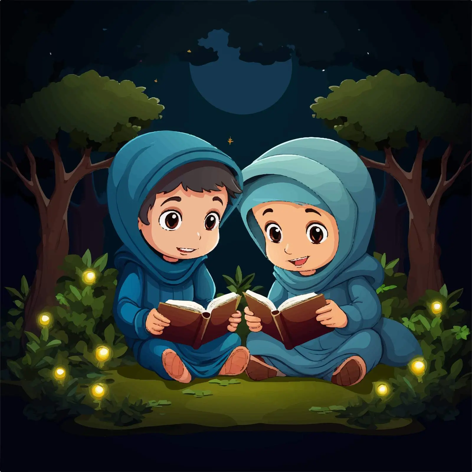 Muslim Kids Reading in Night Garden Illustration — free download from Dotvec