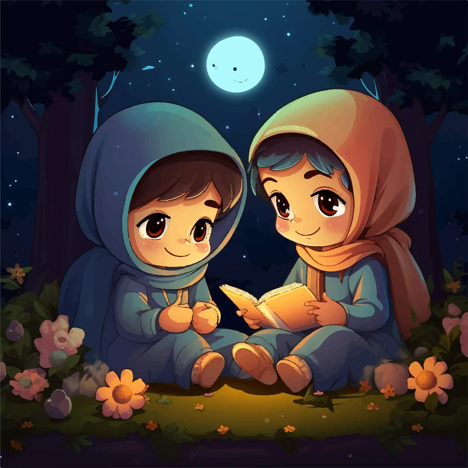 Muslim Kids Reading in Garden at Night — free download from Dotvec