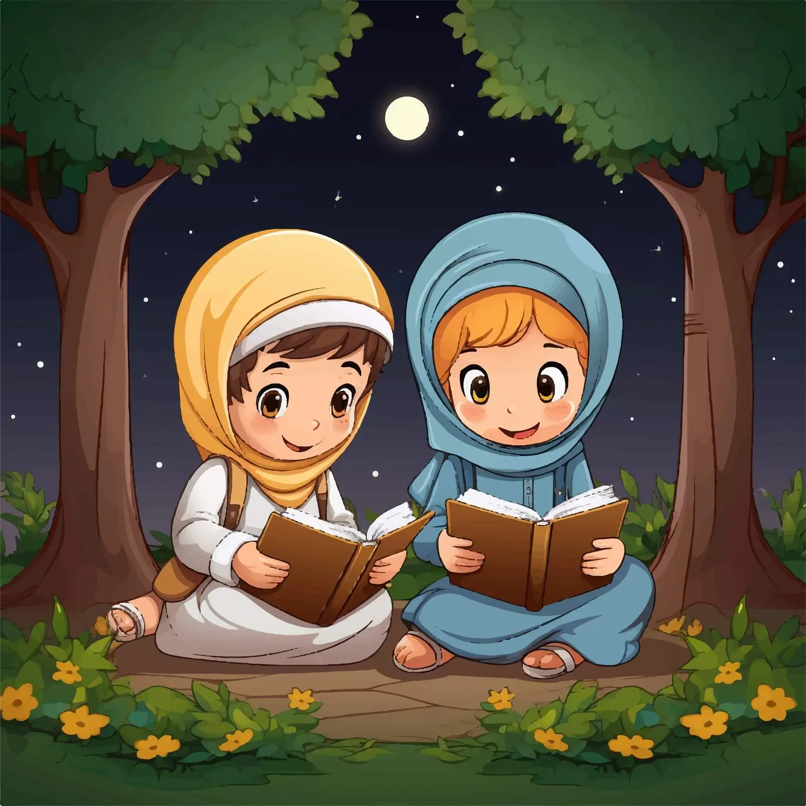 Muslim Kids Reading in Garden at Night — free download from Dotvec