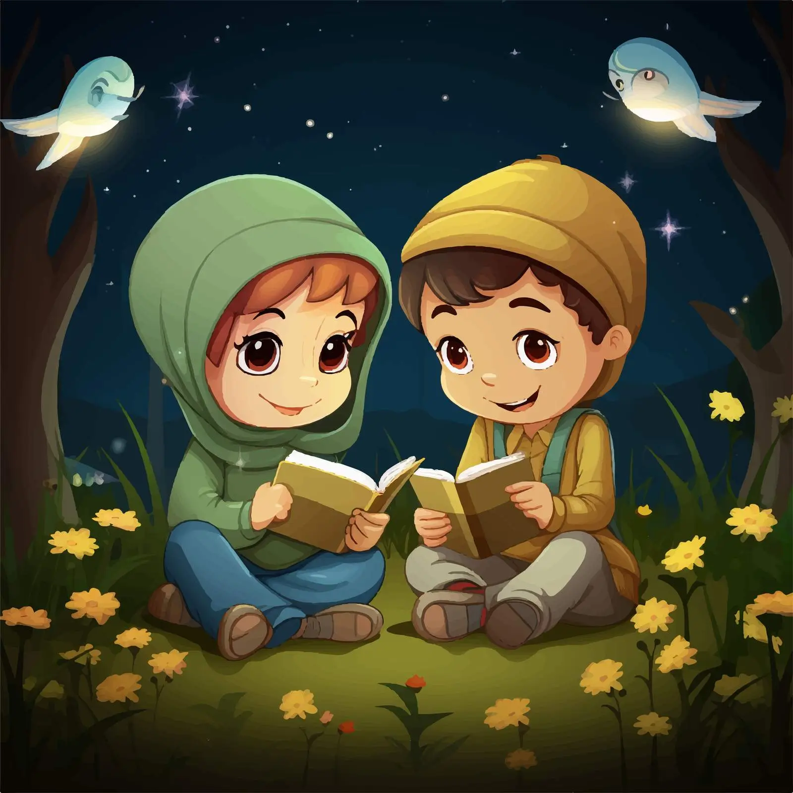Muslim Kids Reading in Garden at Night — free download from Dotvec