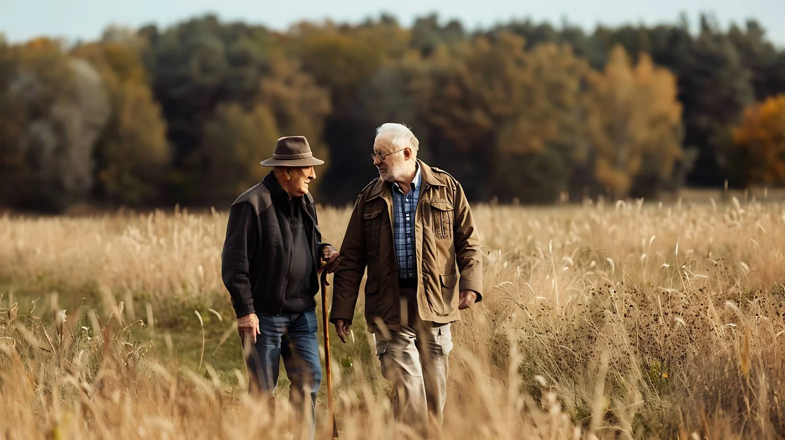 Elderly companions wandering across scenic meadows — free download from Dotvec