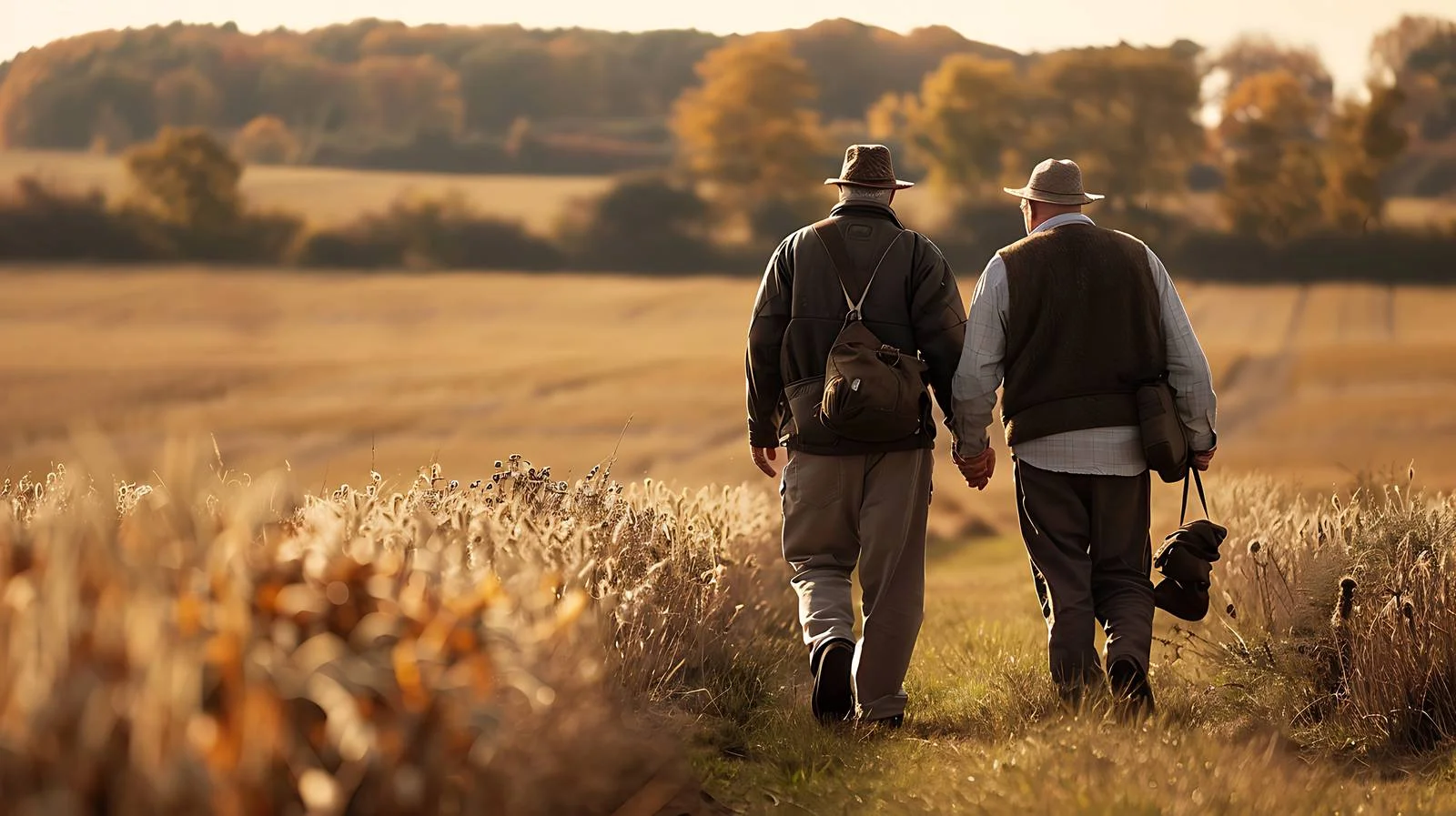 Elderly companions walking amidst lush countryside — free download from Dotvec
