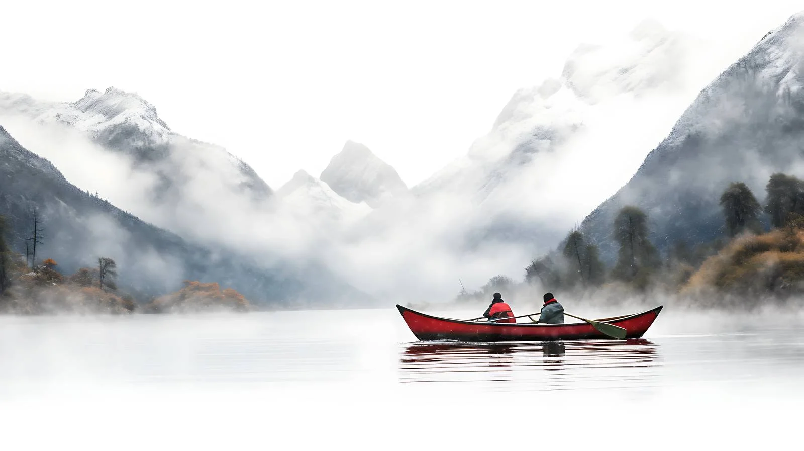 Adventurous duo rowing through mountainous river — free download from Dotvec