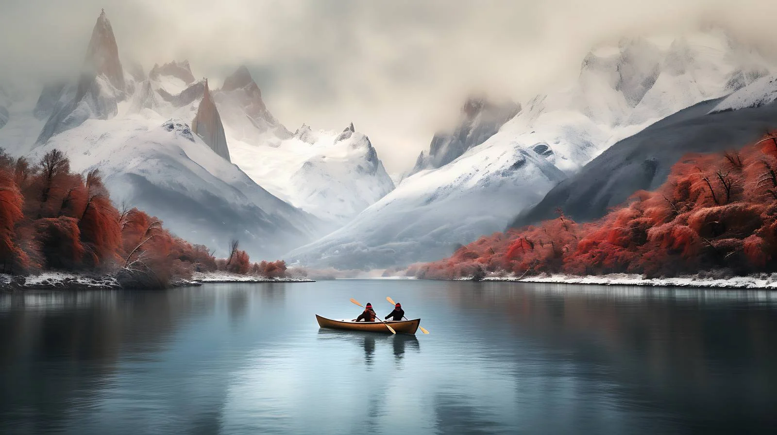 Adventurous duo rowing amidst picturesque mountains — free download from Dotvec