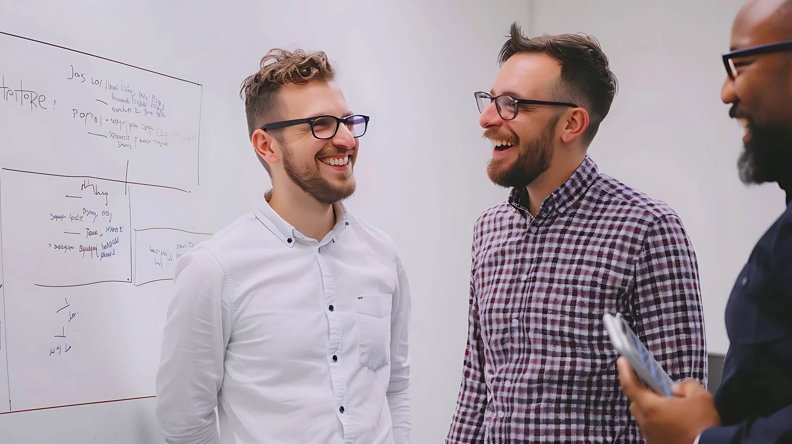 Cheerful coworkers by whiteboard in workplace — free download from Dotvec