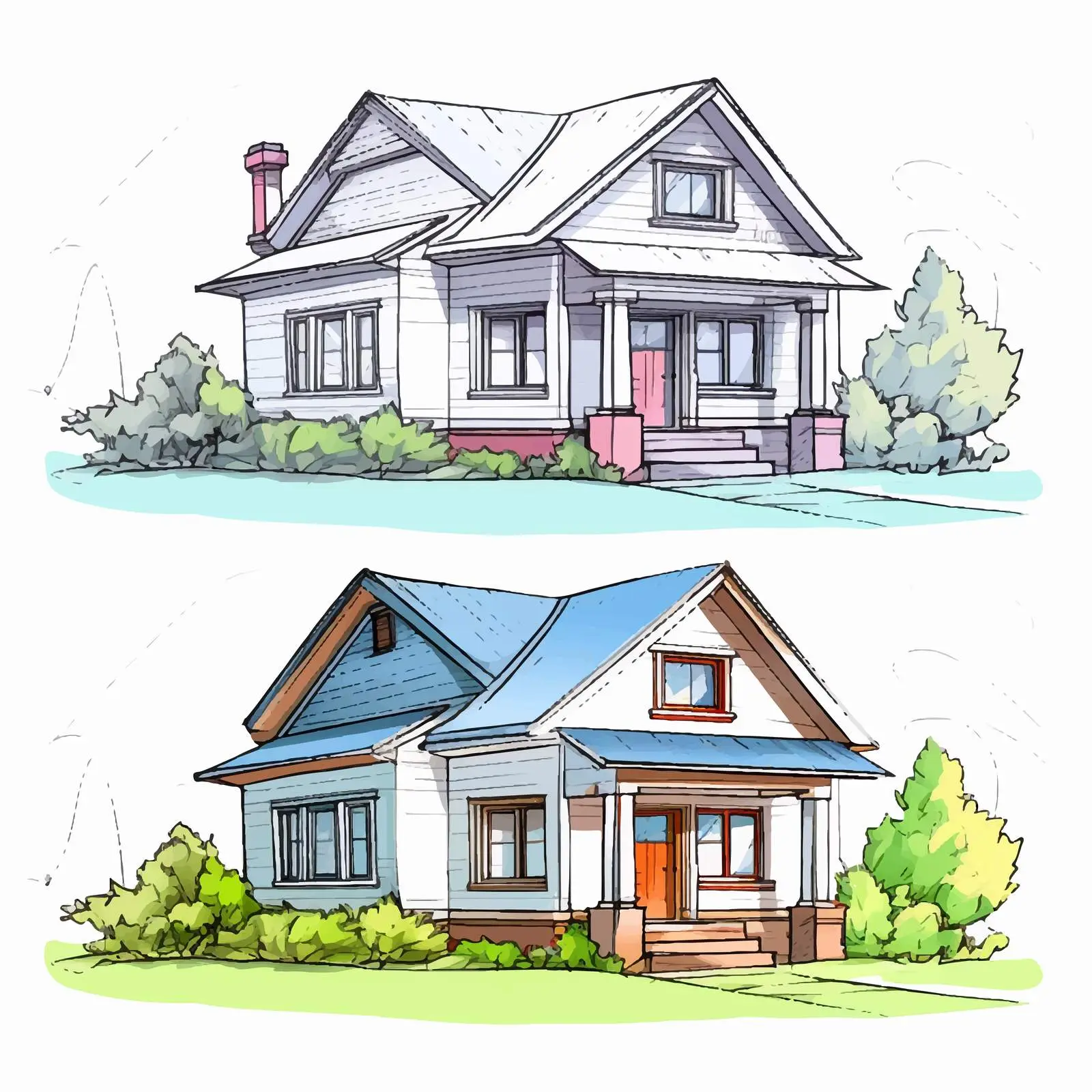 Two Stages of House Illustration Sketch — free download from Dotvec