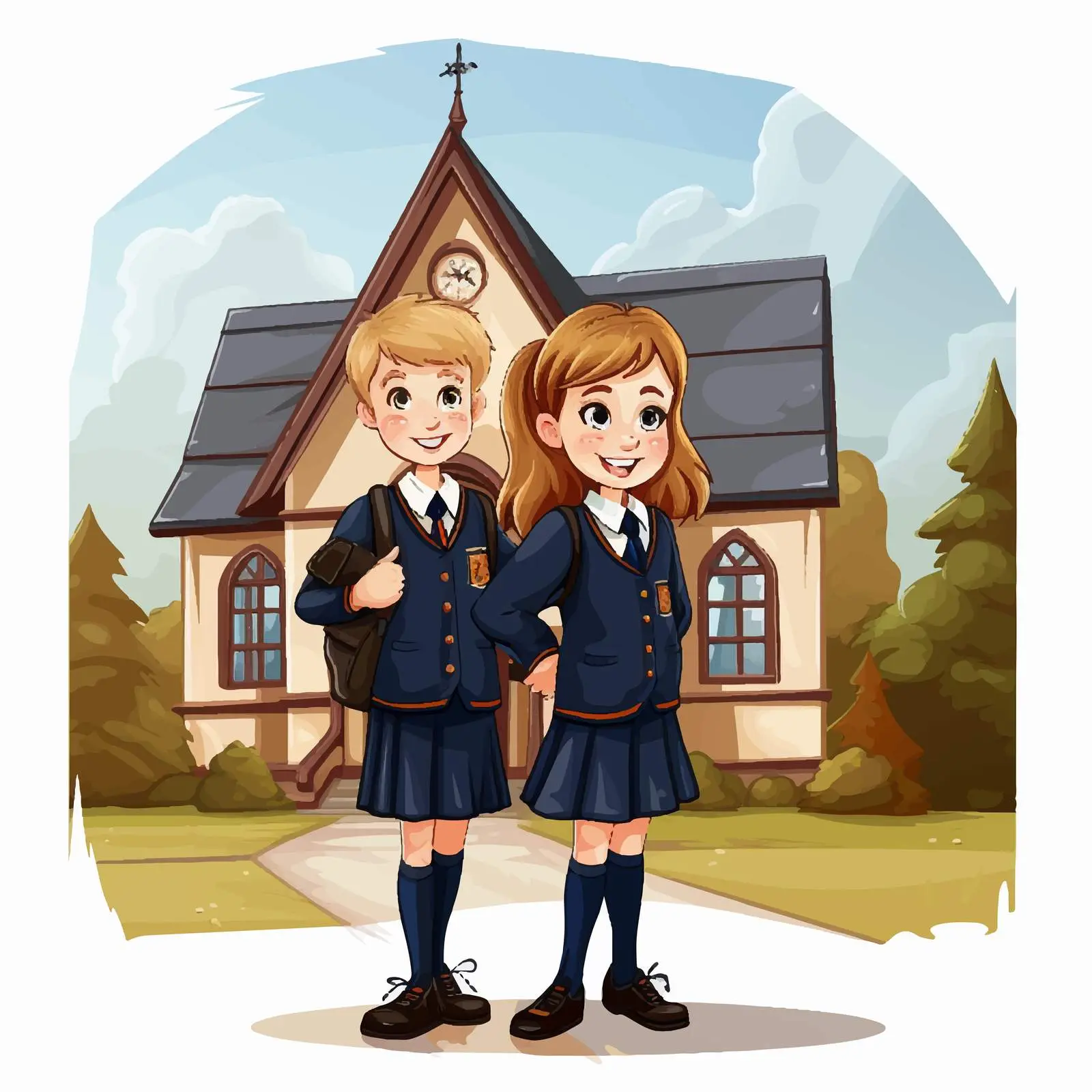 Students in Uniform Outside Schoolhouse Illustration — free download from Dotvec