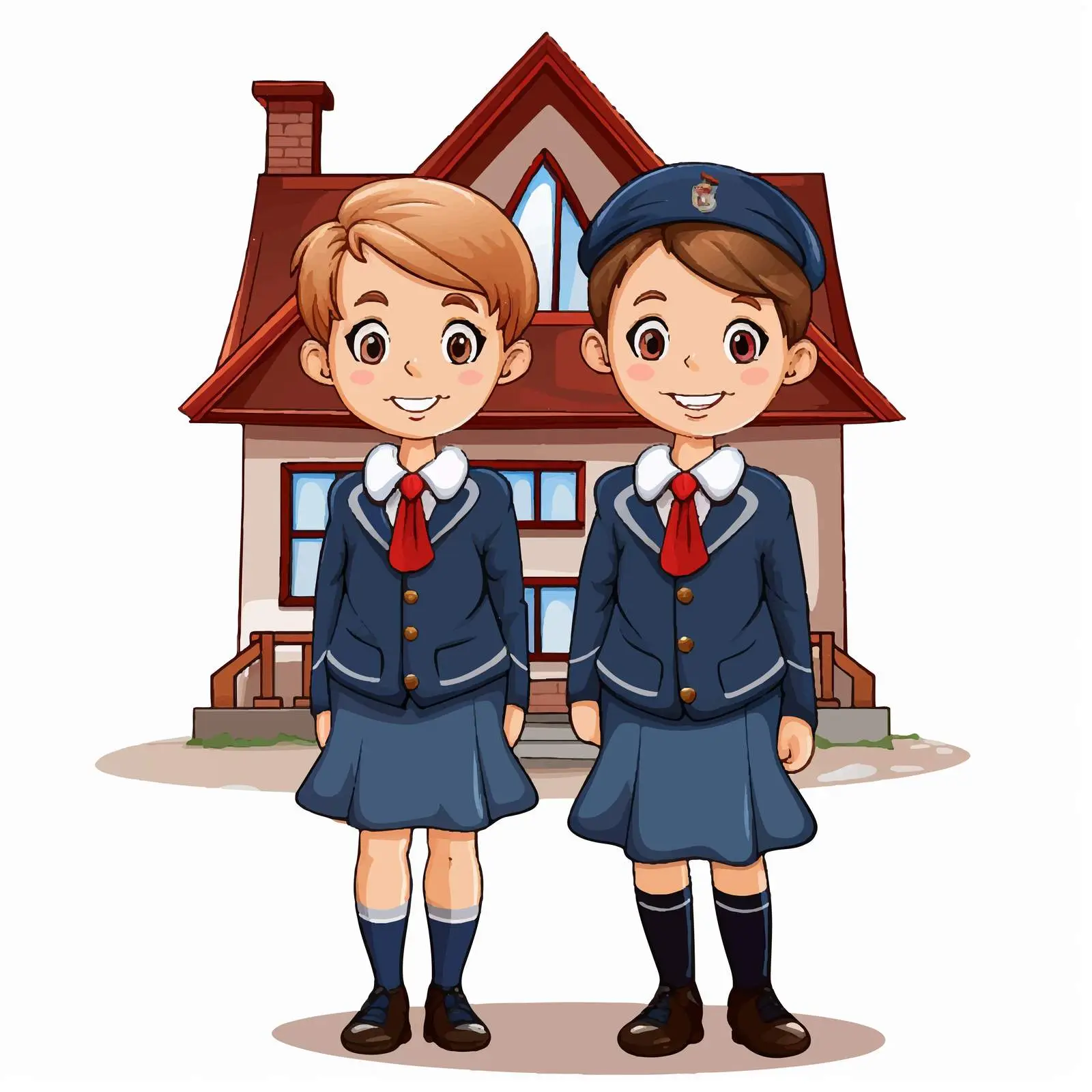 Students in Uniform Outside Schoolhouse Vector Graphic — free download from Dotvec
