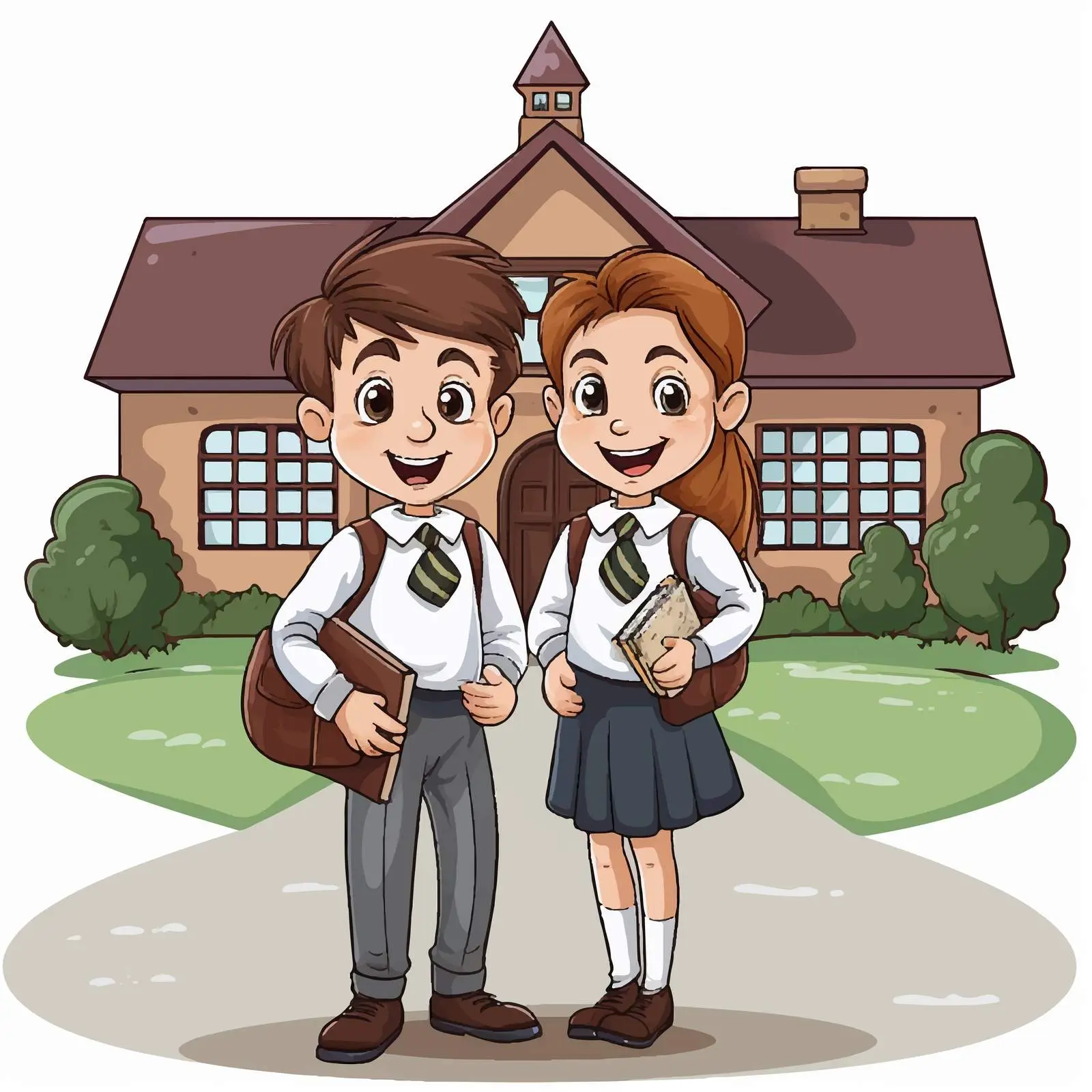 Students in Uniform Outside Schoolhouse Vector — free download from Dotvec