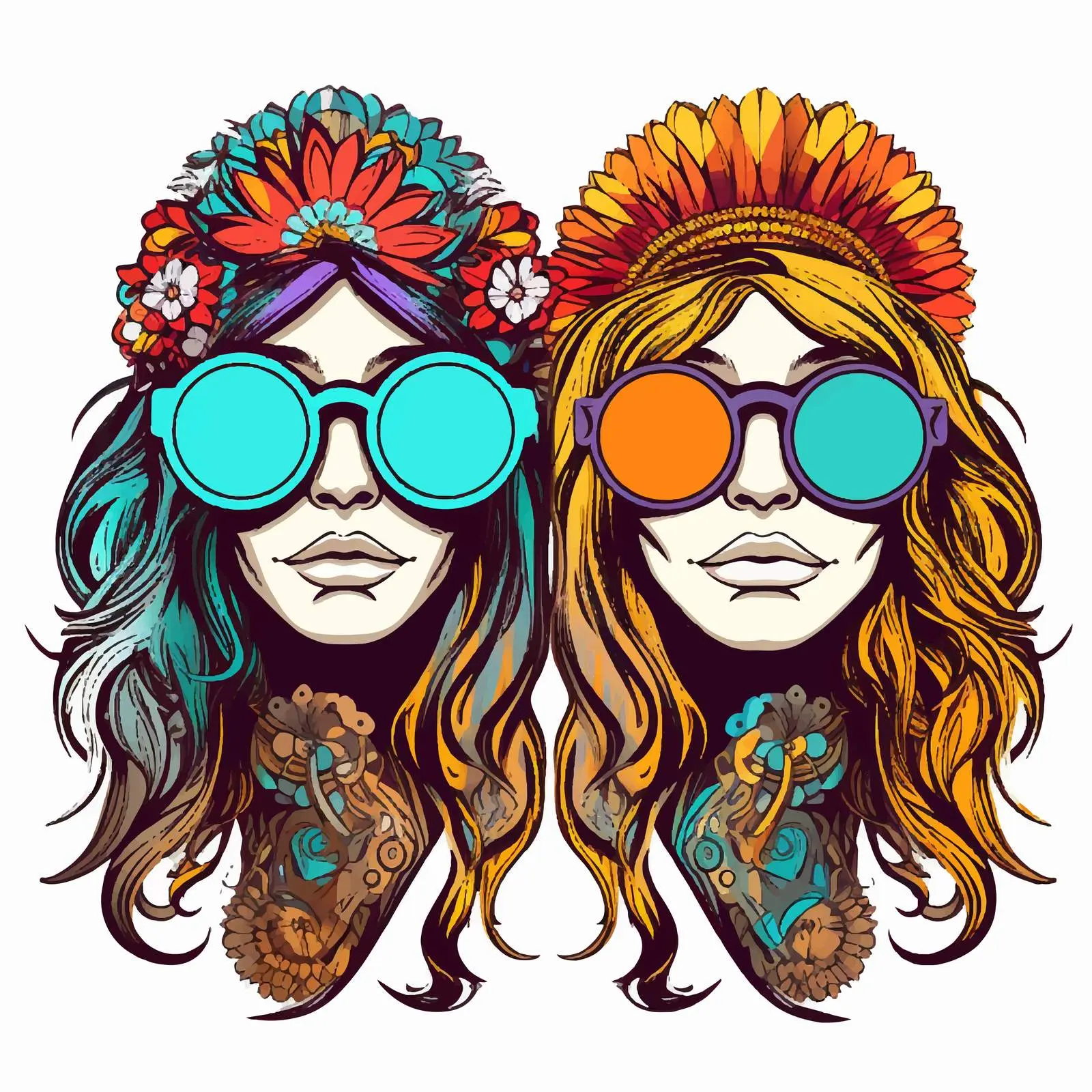 Stylized Hippie Faces with Headbands and Glasses — free download from Dotvec