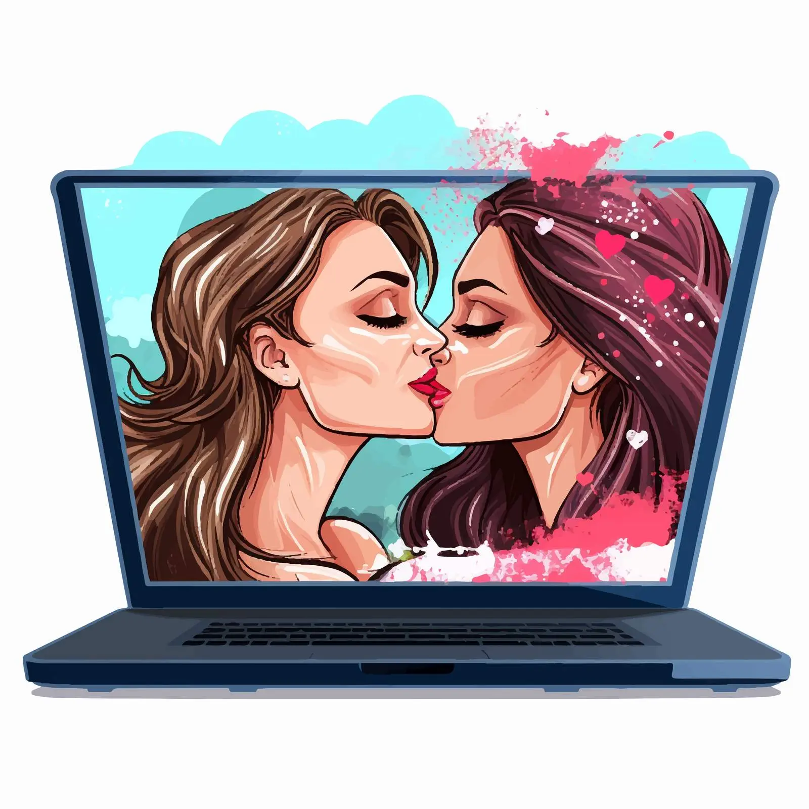 Women Kissing Through Laptop Screen Vector Art — free download from Dotvec
