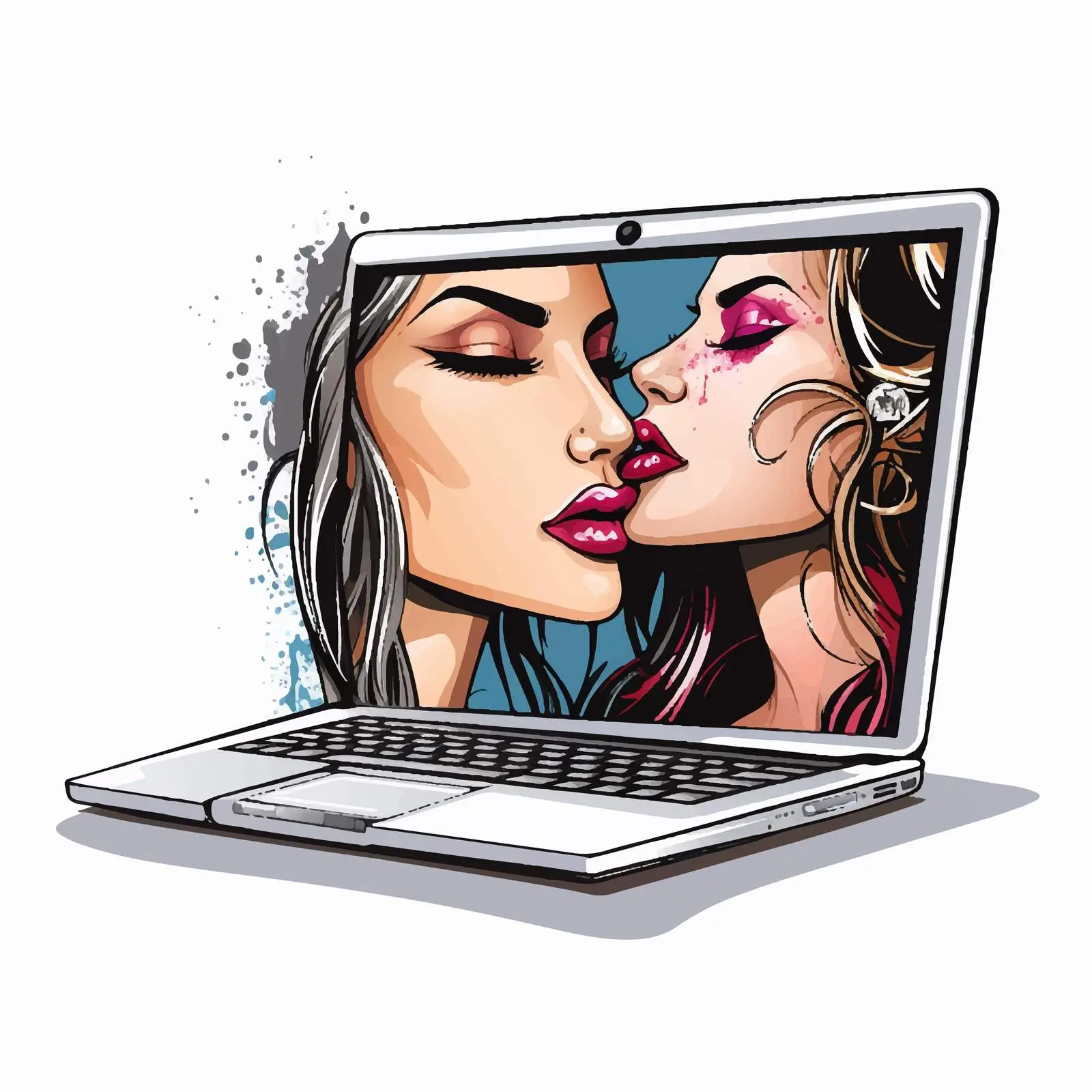 Two Women Kissing Through Laptop Screen Vector — free download from Dotvec