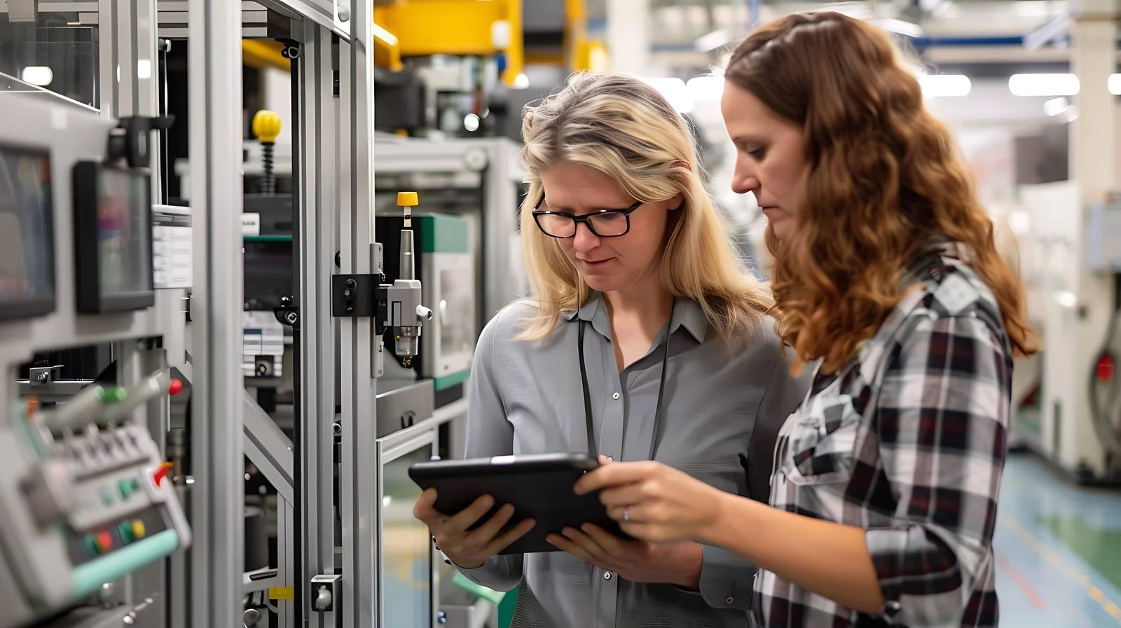 Female Workers Inspecting Machinery in Factory — free download from Dotvec