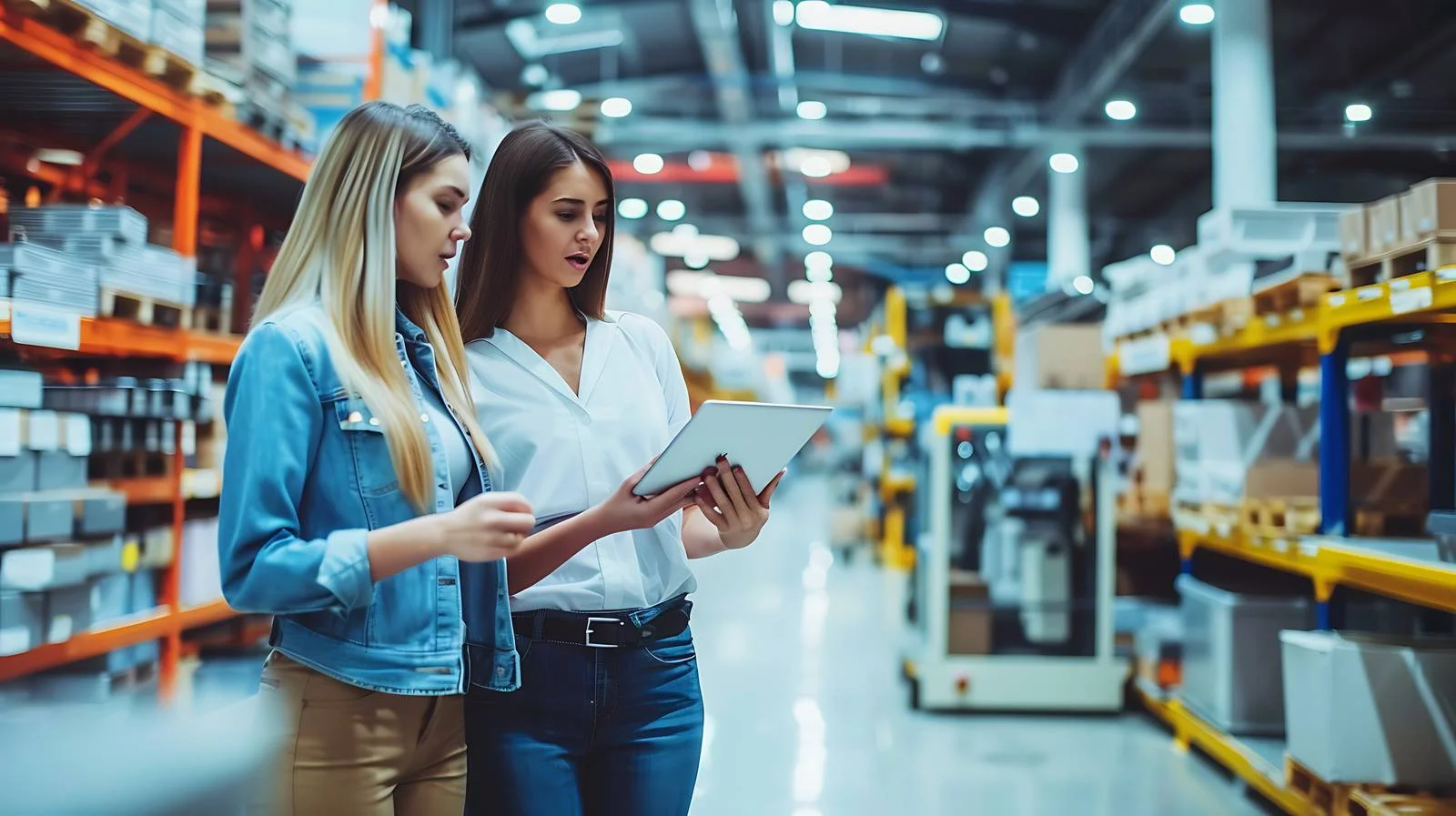 Women discussing on factory shop floor — free download from Dotvec