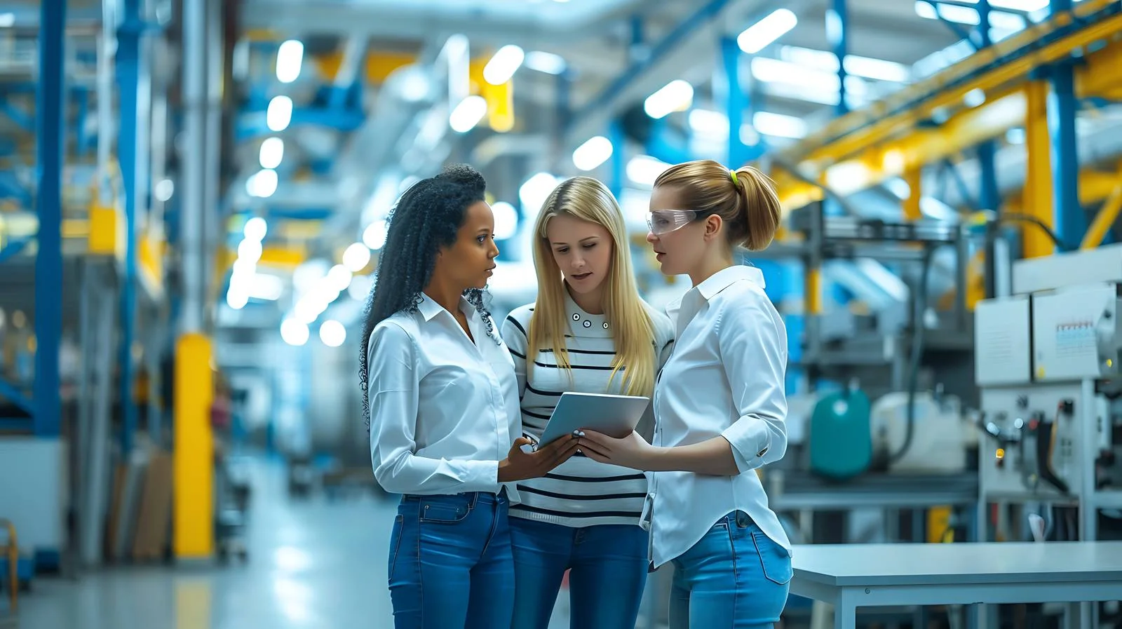 Women discussing production on shop floor — free download from Dotvec