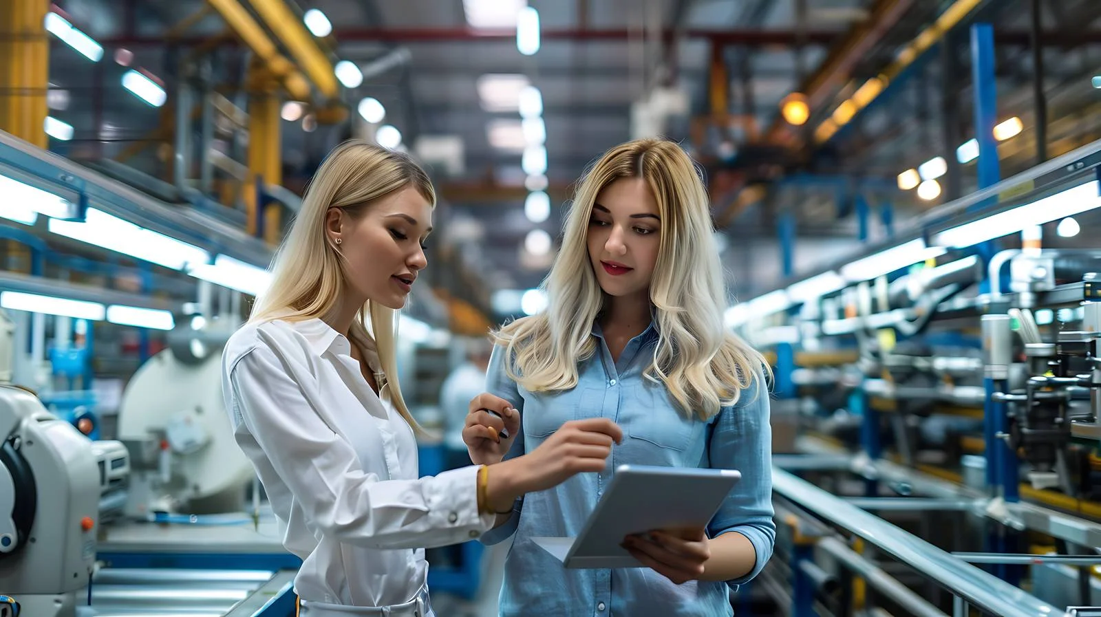 Women in Factory Discussing with Tablet — free download from Dotvec