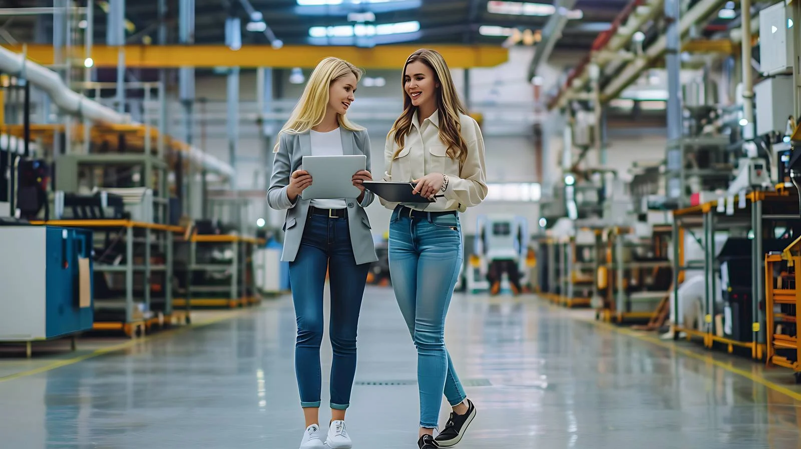 Female Workers Discussing with Tablet in Factory — free download from Dotvec
