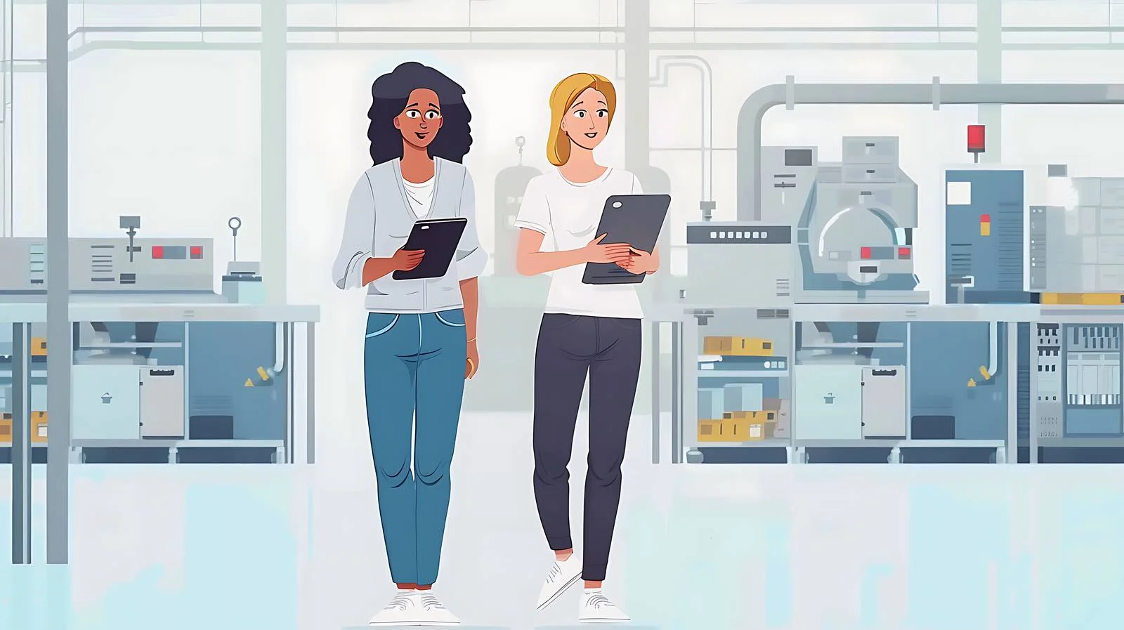 Women discussing with tablet in factory — free download from Dotvec