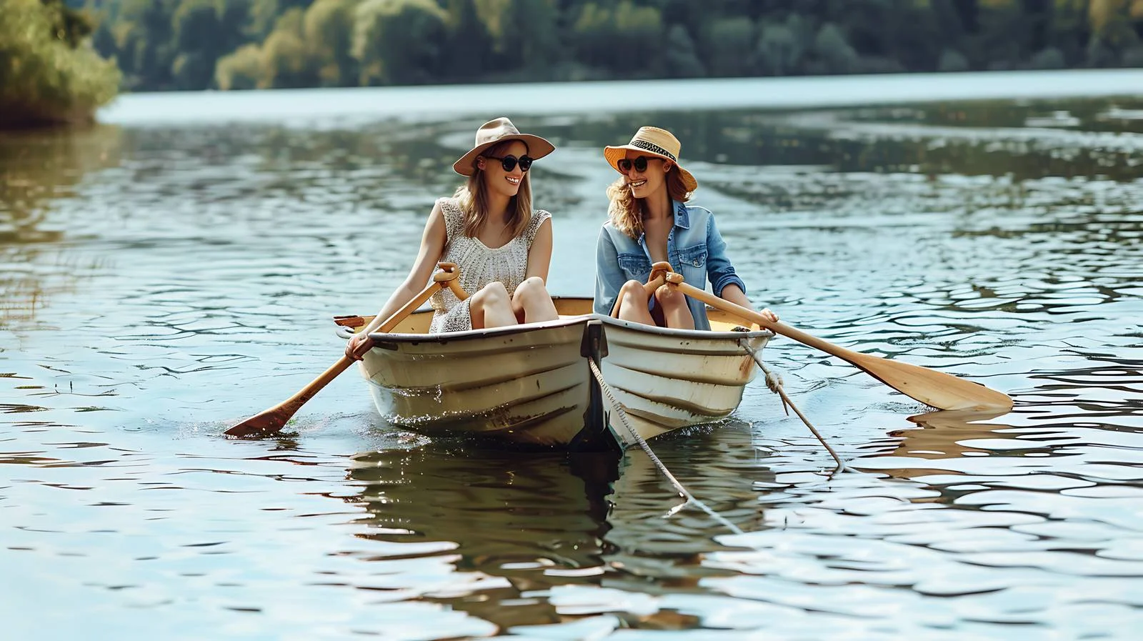 Serenity: Young Women Boating on Isolated Lake — free download from Dotvec