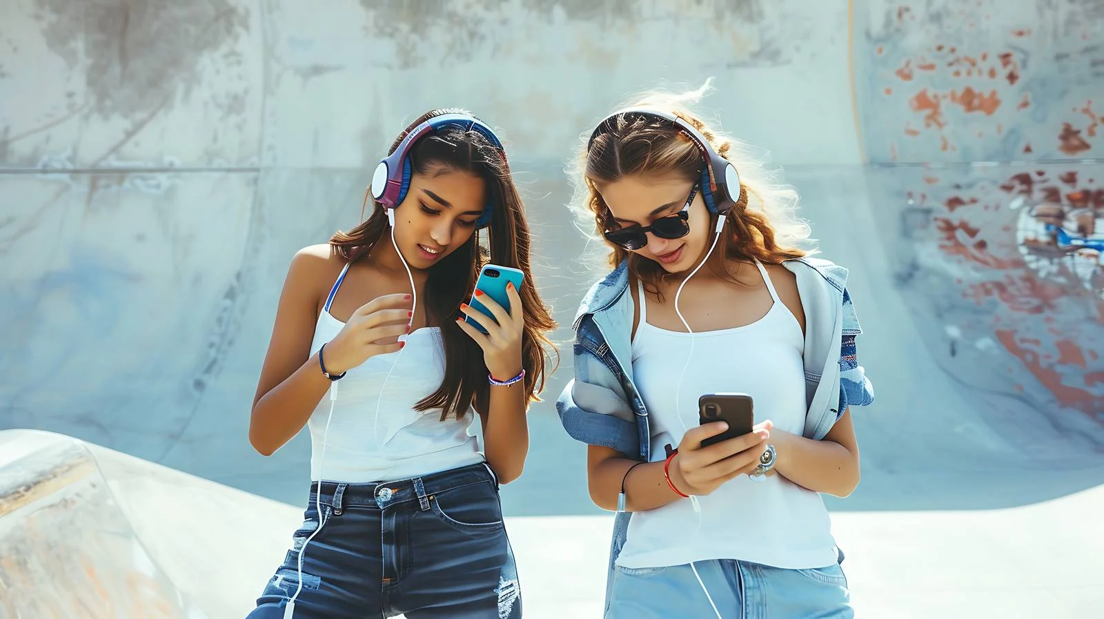 Young Women Using Phones and Headphones — free download from Dotvec