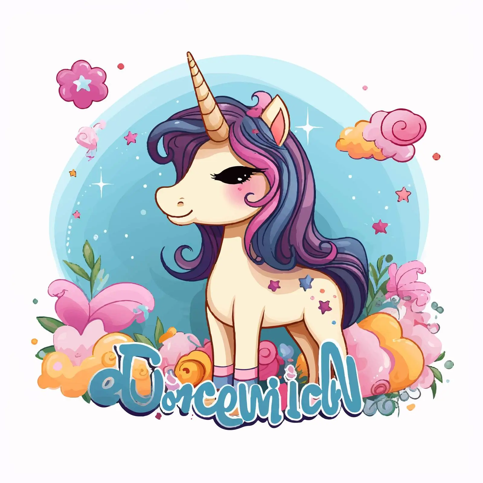 Cartoon Unicorn Character with Dream Font Banner — free download from Dotvec