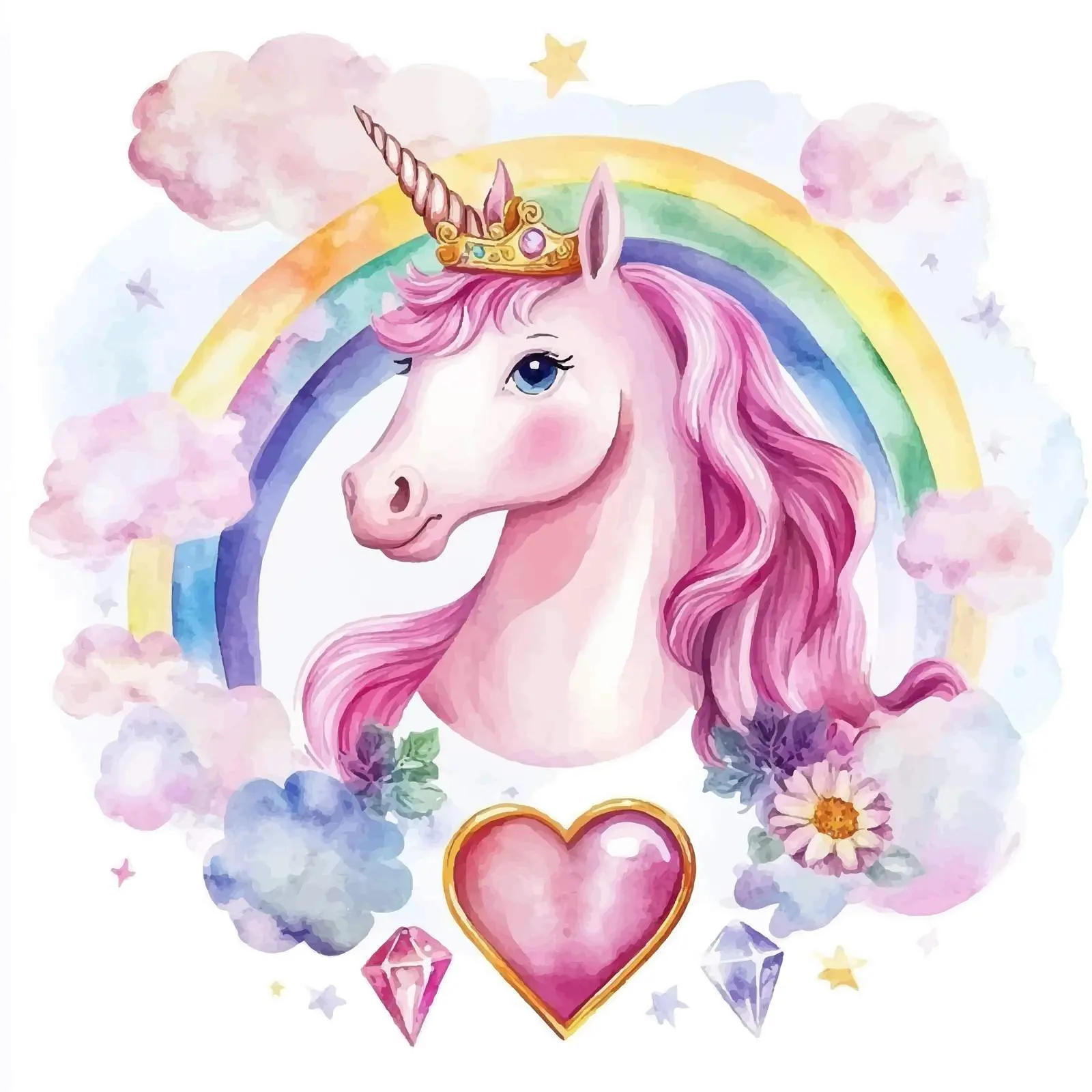 Whimsical Unicorn with Rainbow and Crystals – free transparent background image from Dotvec