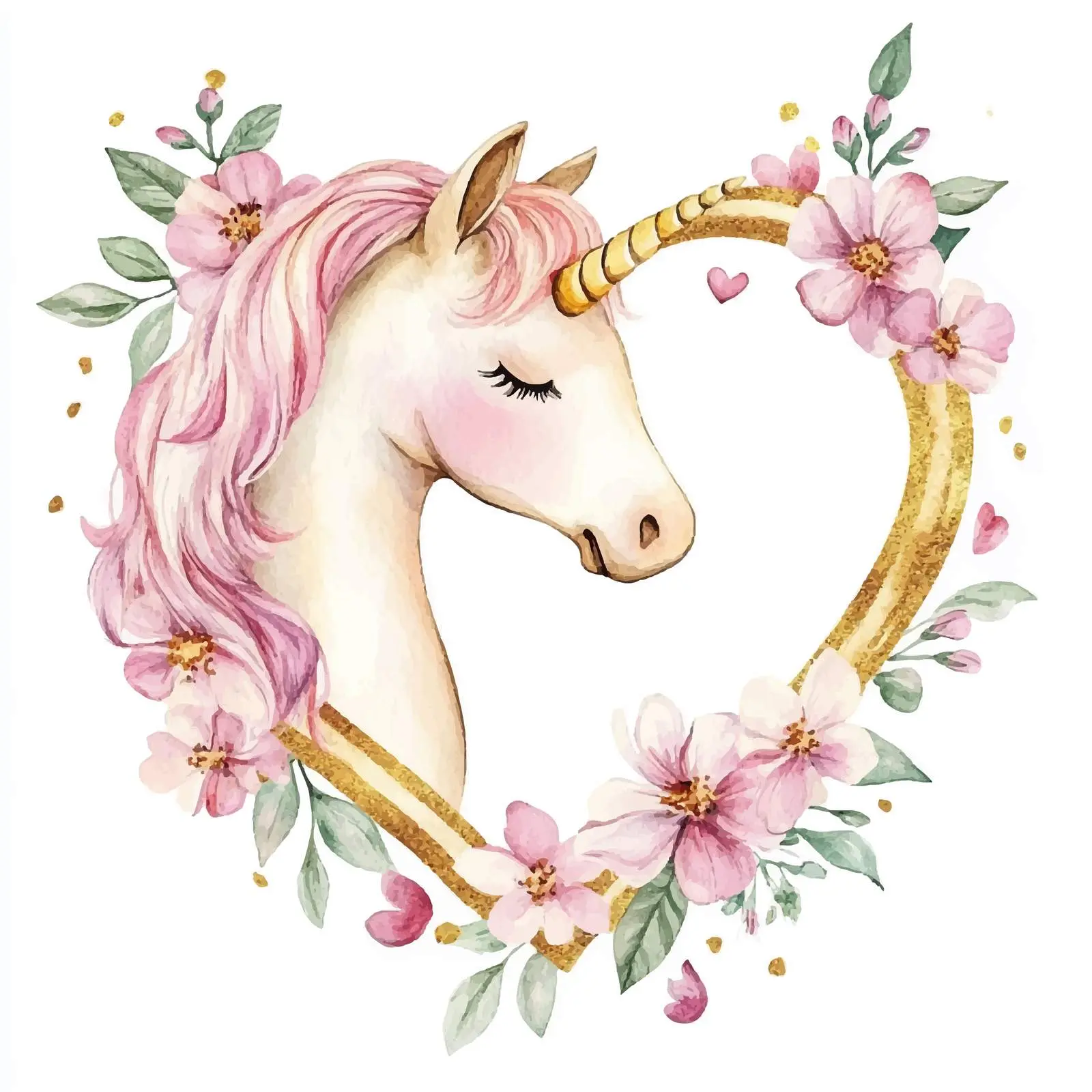 Watercolor Unicorn with Golden Heart and Pink Flowers – free fairytale image from Dotvec