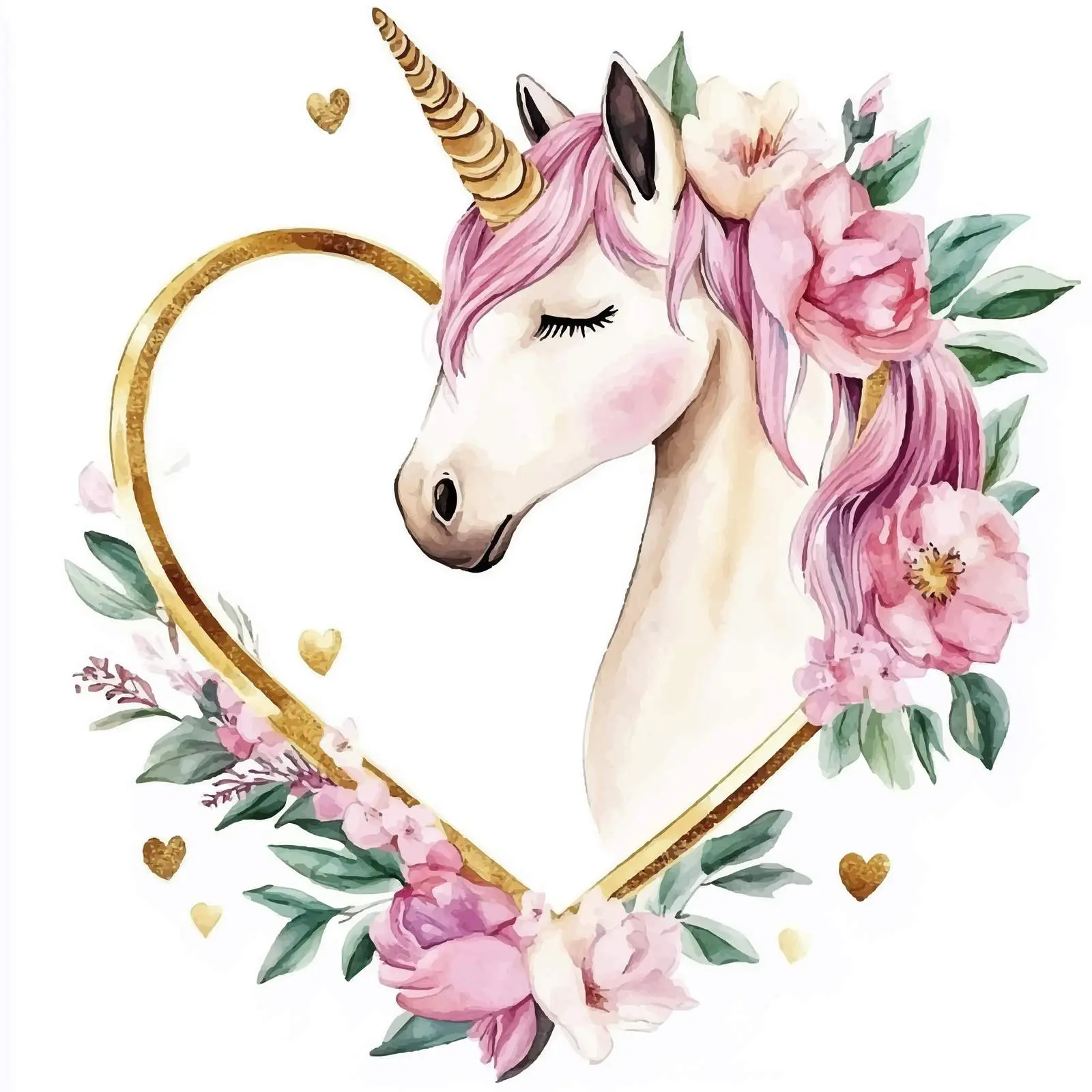 Unicorn with Golden Heart and Pink Flowers — free download from Dotvec