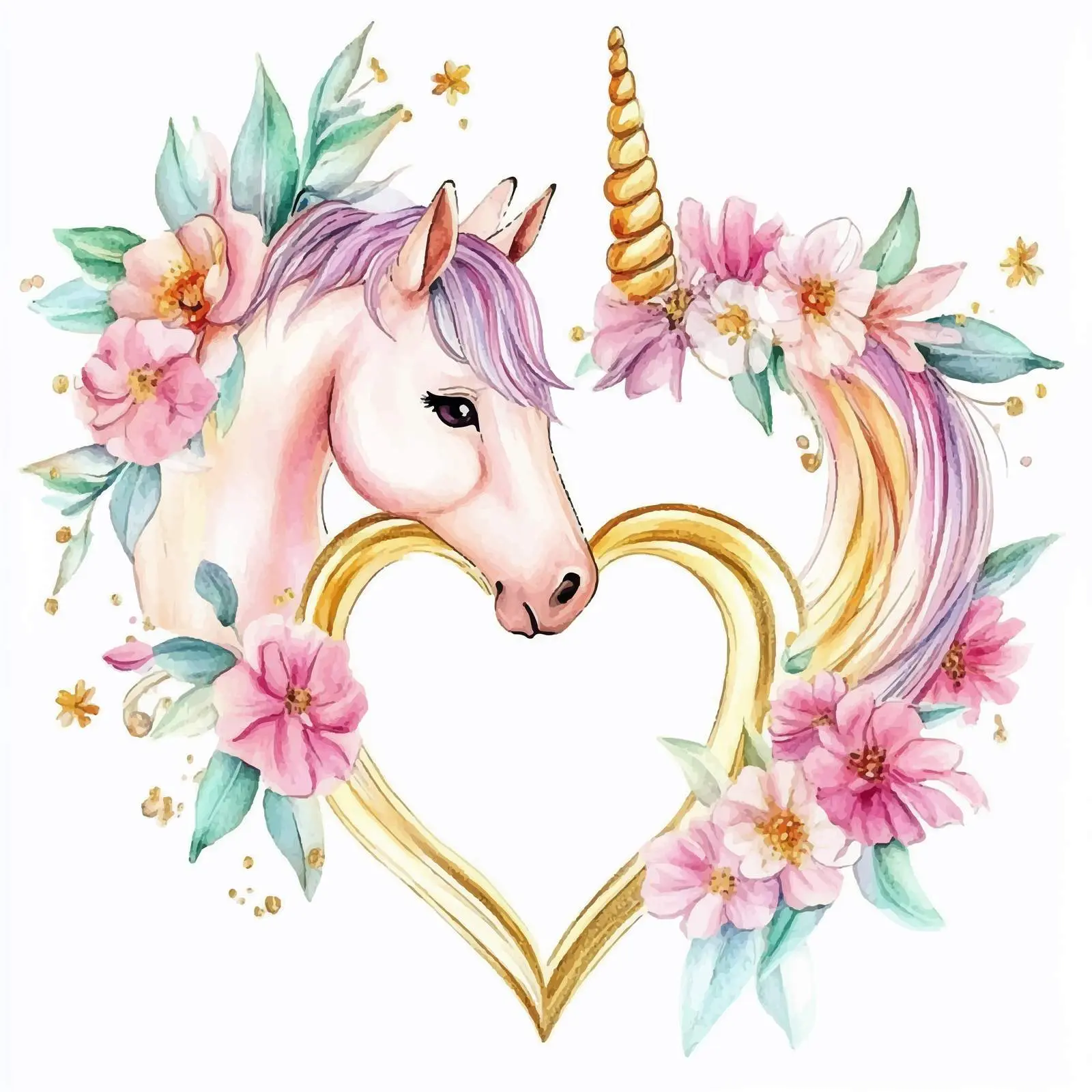 Unicorn with Golden Heart and Pink Flowers — free download from Dotvec