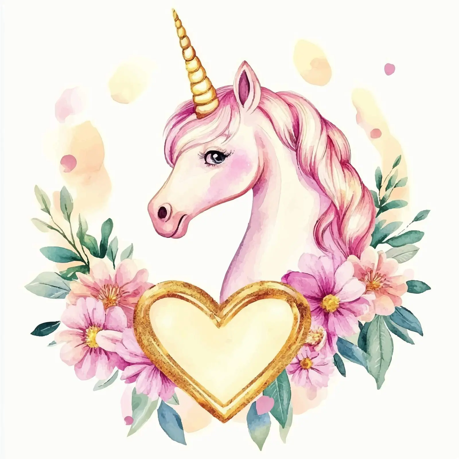 Watercolor Unicorn with Golden Heart and Flowers — free download from Dotvec