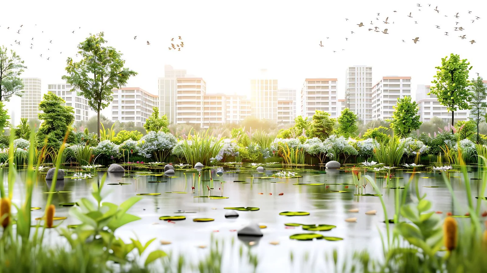 Urban wetland oasis on clean backdrop — free download from Dotvec