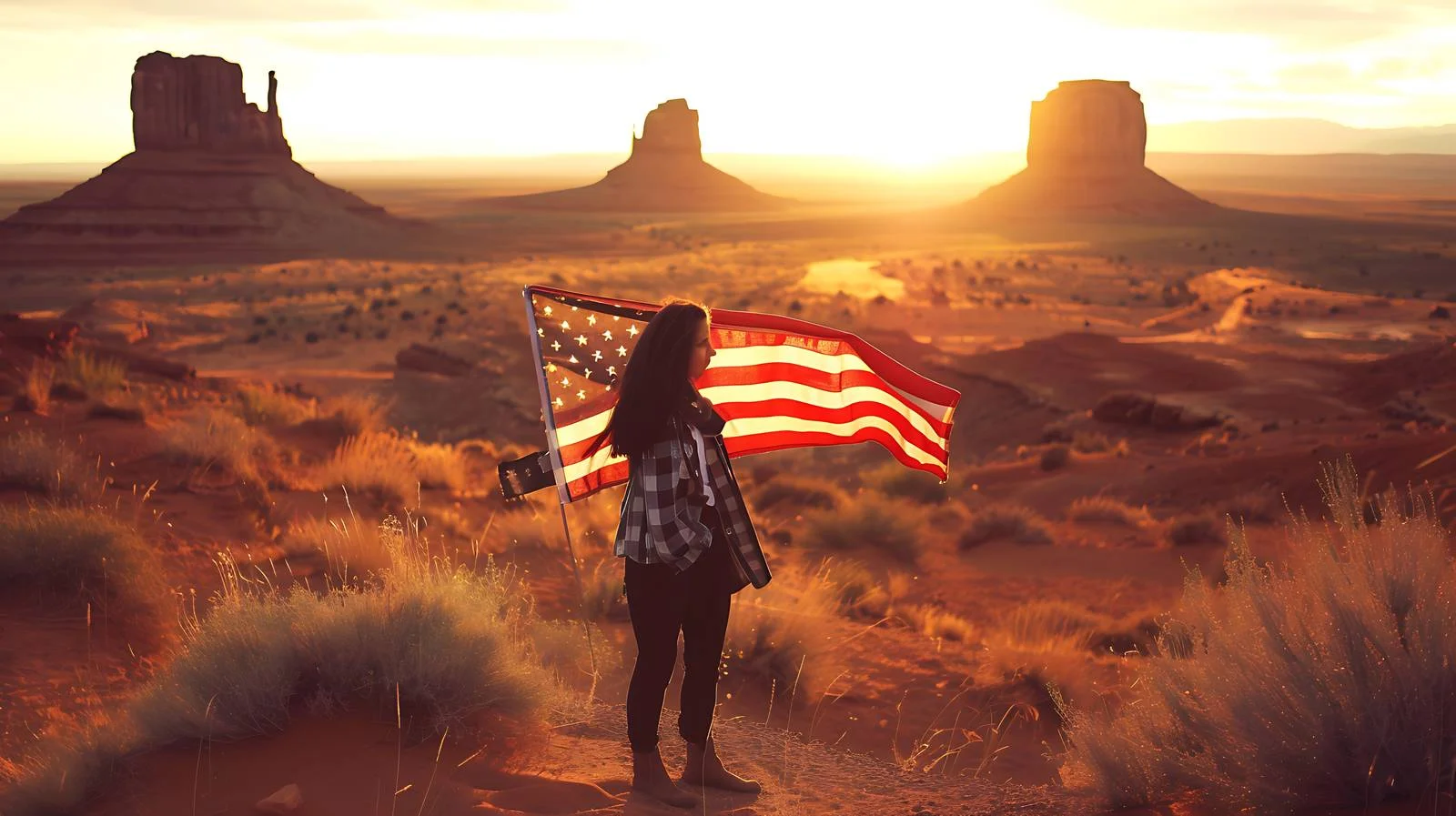Utah Monument Valley Woman with US Flag — free download from Dotvec