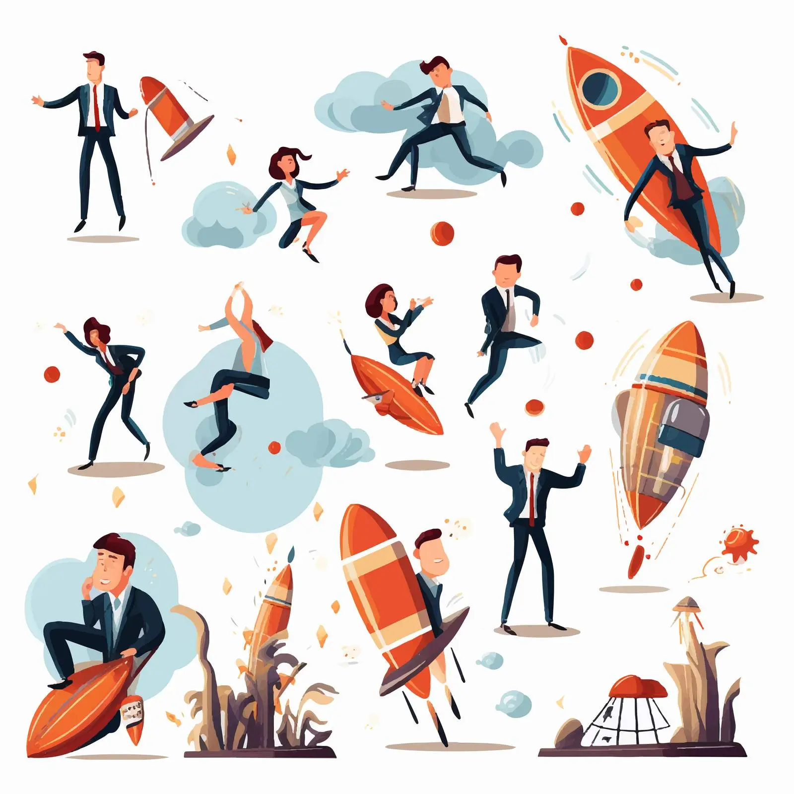 Cartoon Characters Riding Rocket and Crashing — free download from Dotvec