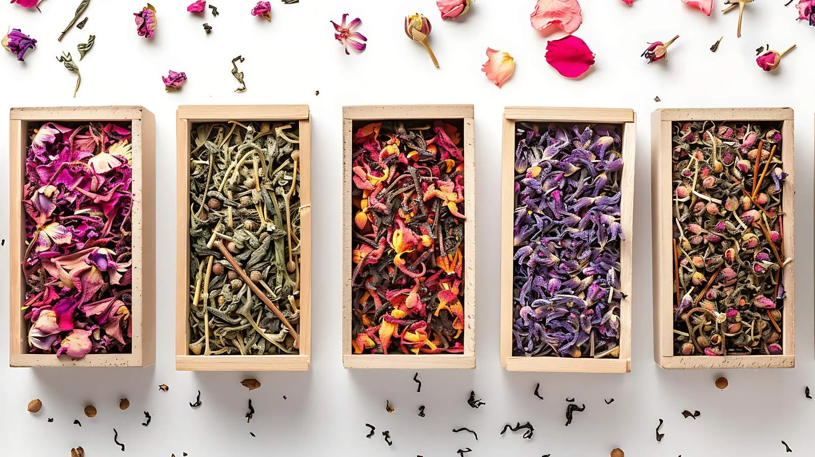 Dried Tea Flowers and Leaves in Boxes – free tasting image from Dotvec