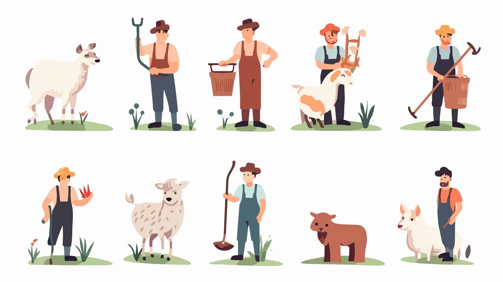 Diverse Cartoon Farmers Tending Domestic Animals — free download from Dotvec