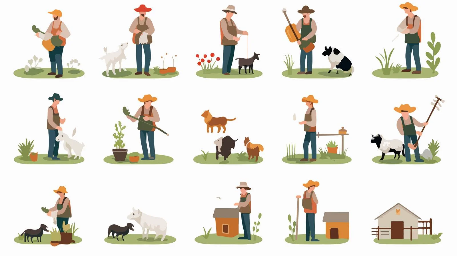 Happy cartoon farmers caring for animals — free download from Dotvec