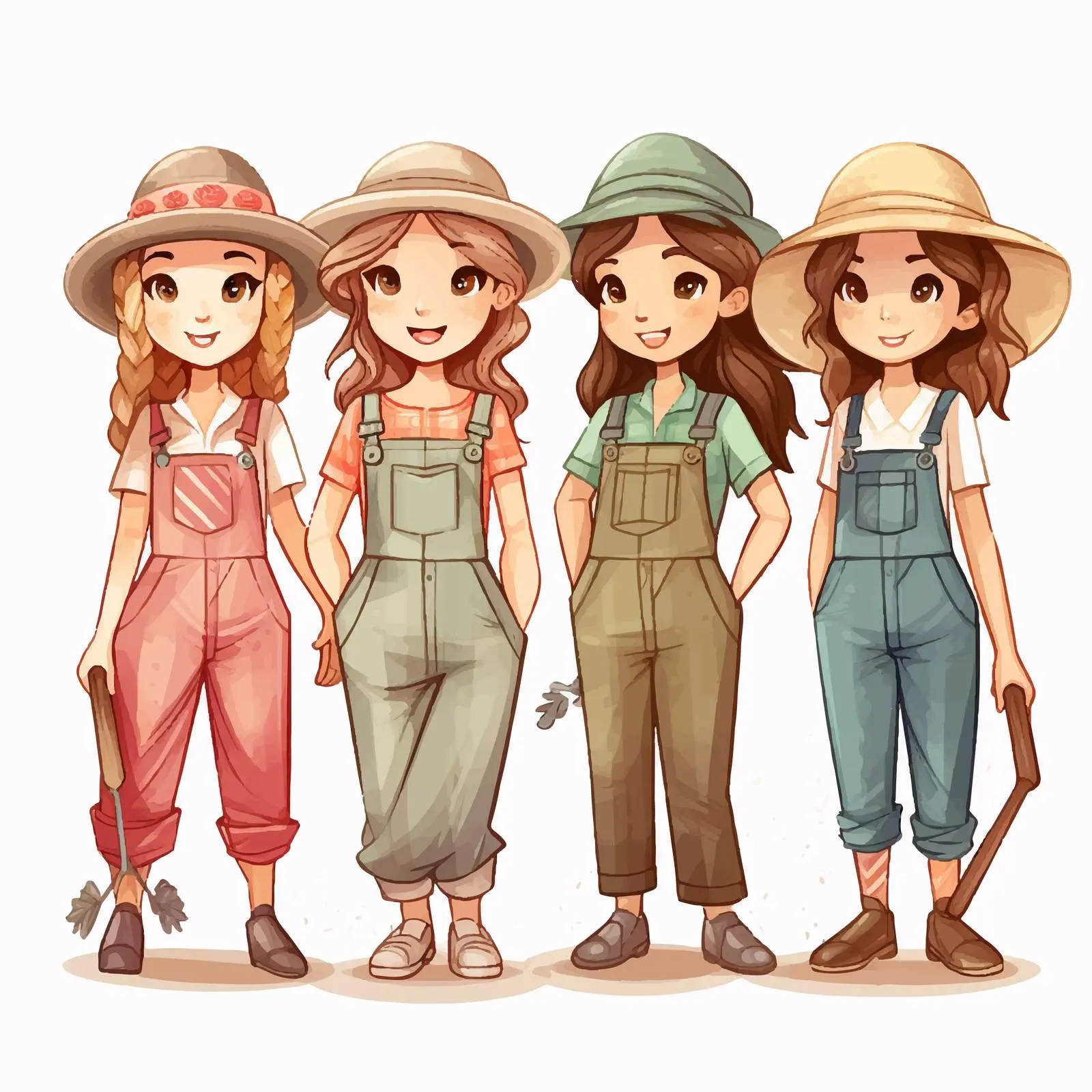 Four Cartoon Farmer Girls with Caps — free download from Dotvec
