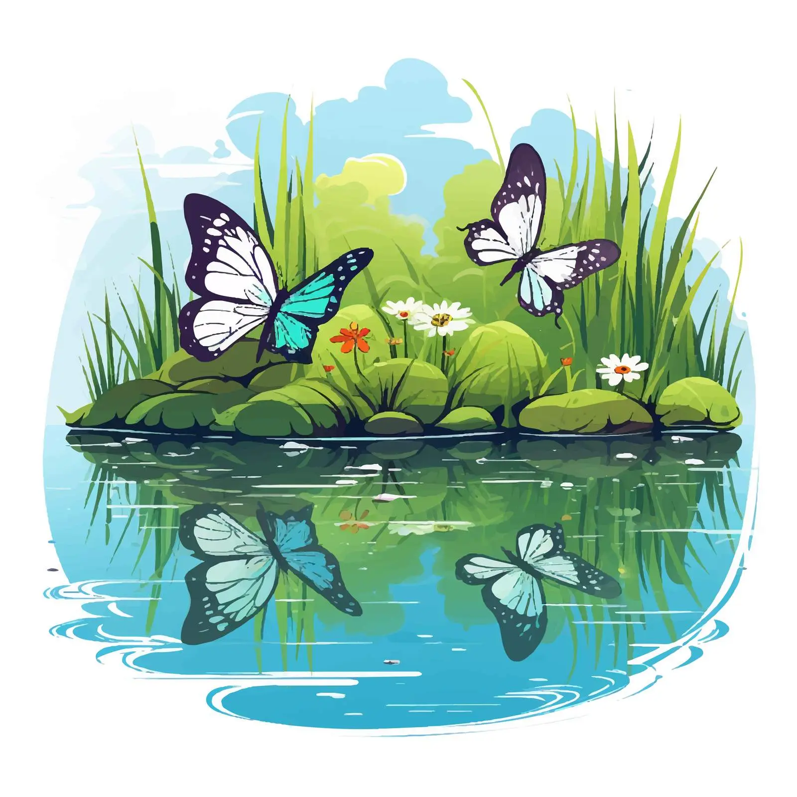 Butterflies Over a Tranquil Pond Vector Illustration — free download from Dotvec