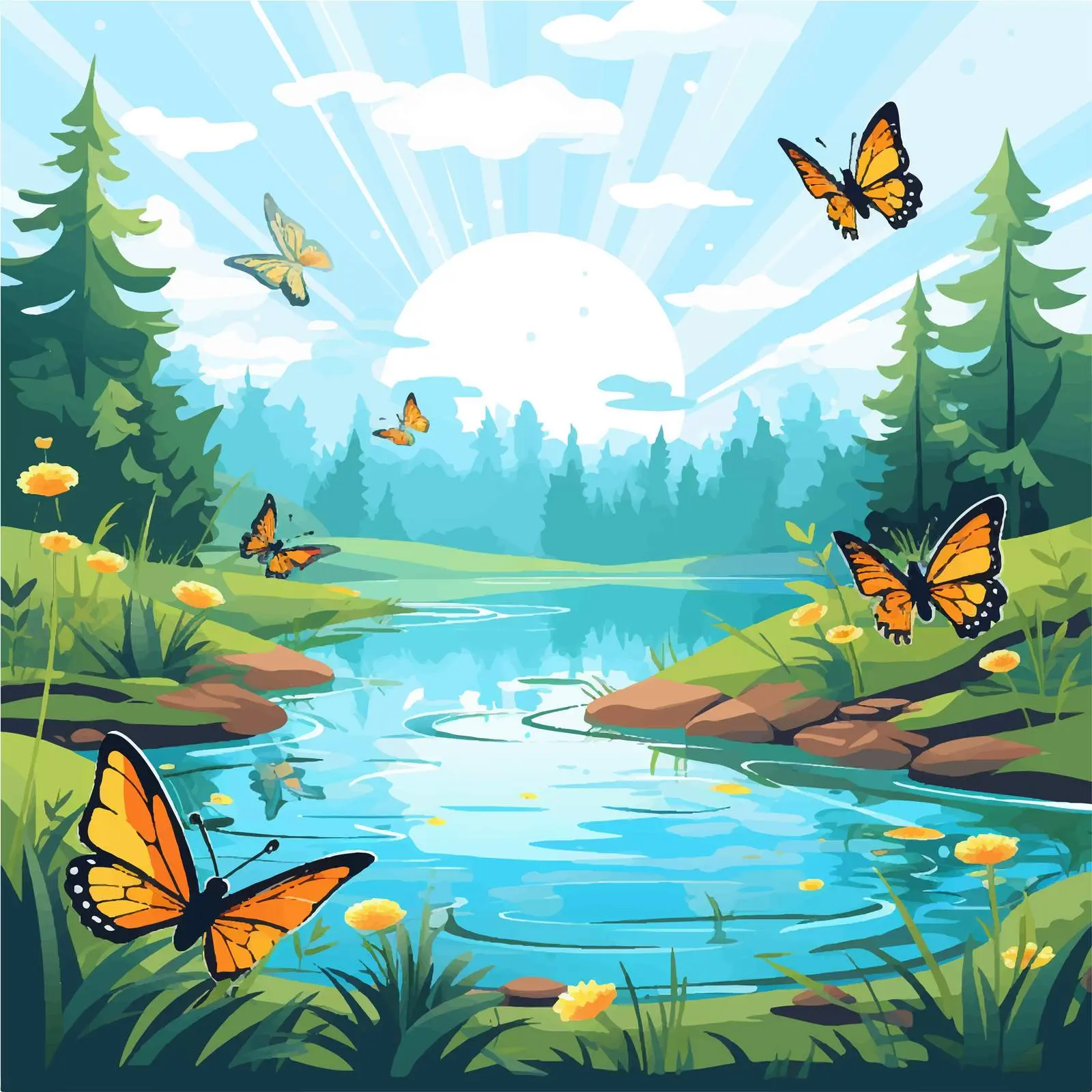 Butterflies Over a Tranquil Pond Vector Illustration — free download from Dotvec