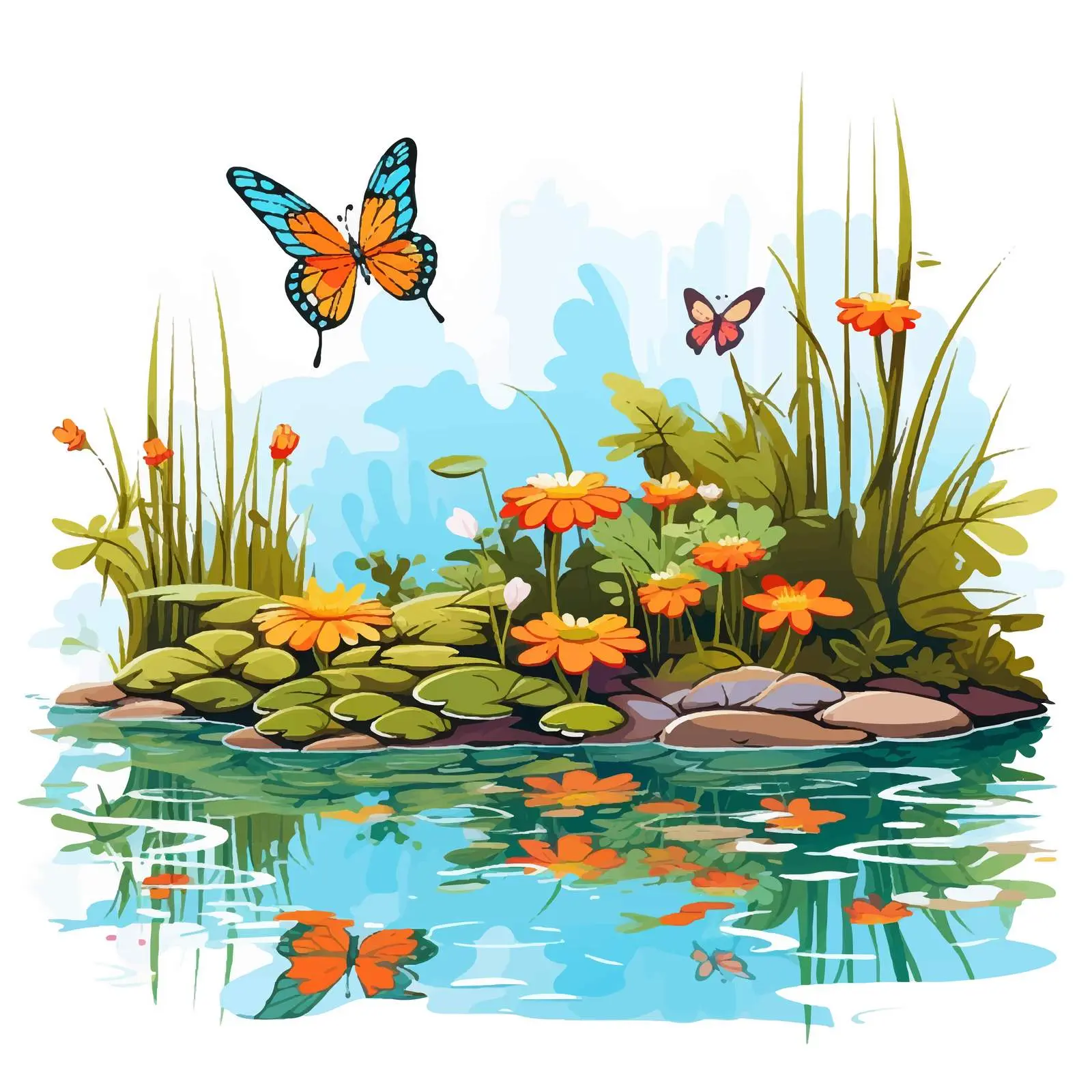 Butterflies Over a Tranquil Pond Vector Illustration – free fluttering image from Dotvec