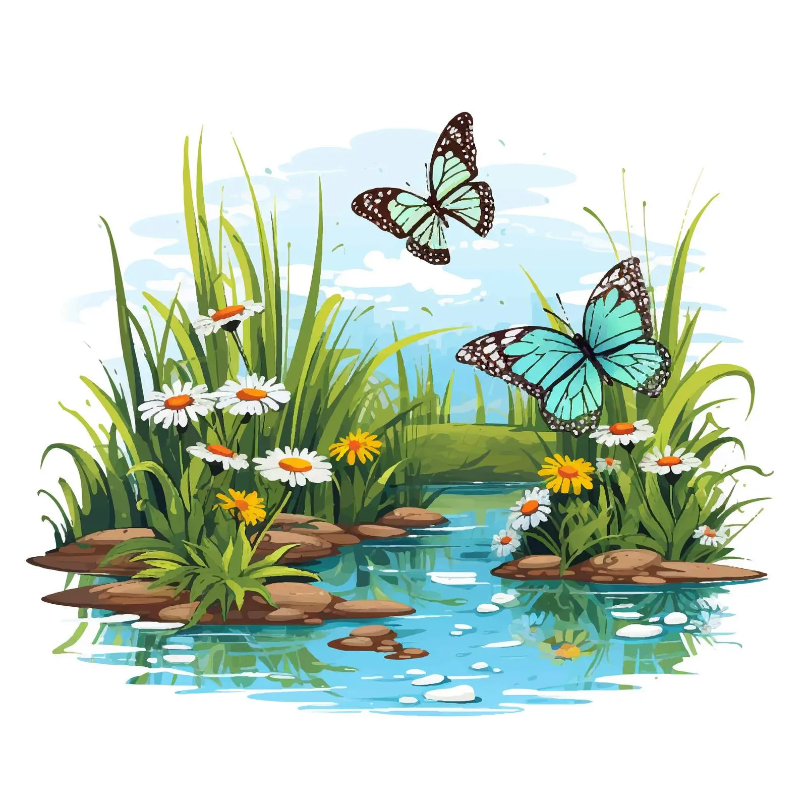 Butterflies Above a Serene Pond Illustration — free download from Dotvec