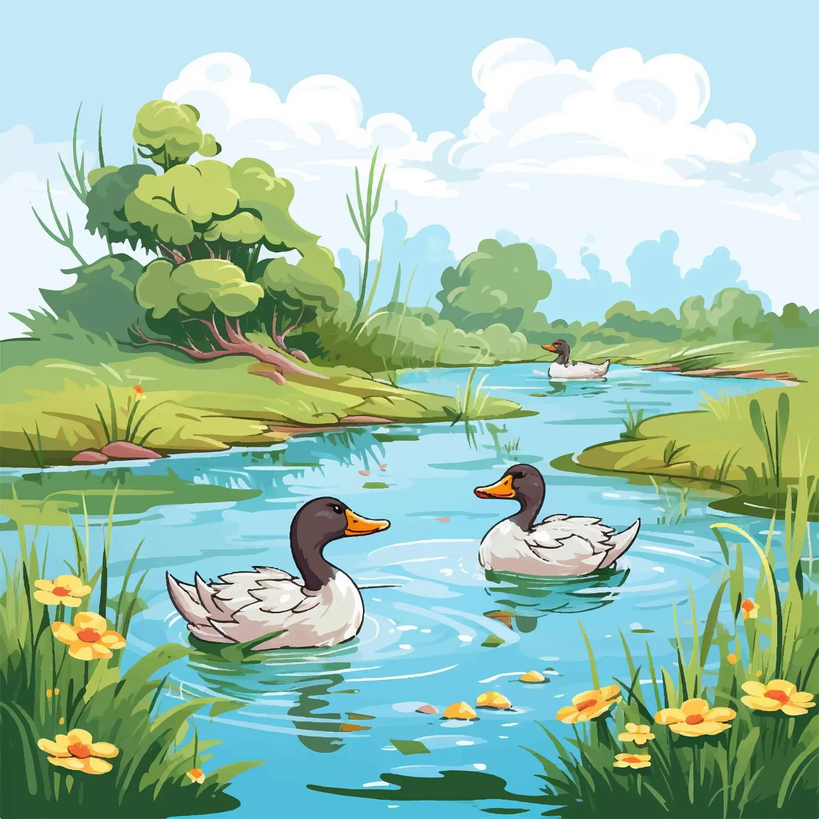 Ducks in a Serene Pond Illustration — free download from Dotvec
